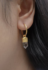 Golden Lemurian Dazzle: Australian Clear Lemurian Quartz - Sand Textured Gold Plated Sterling Silver - Hoop Earrings