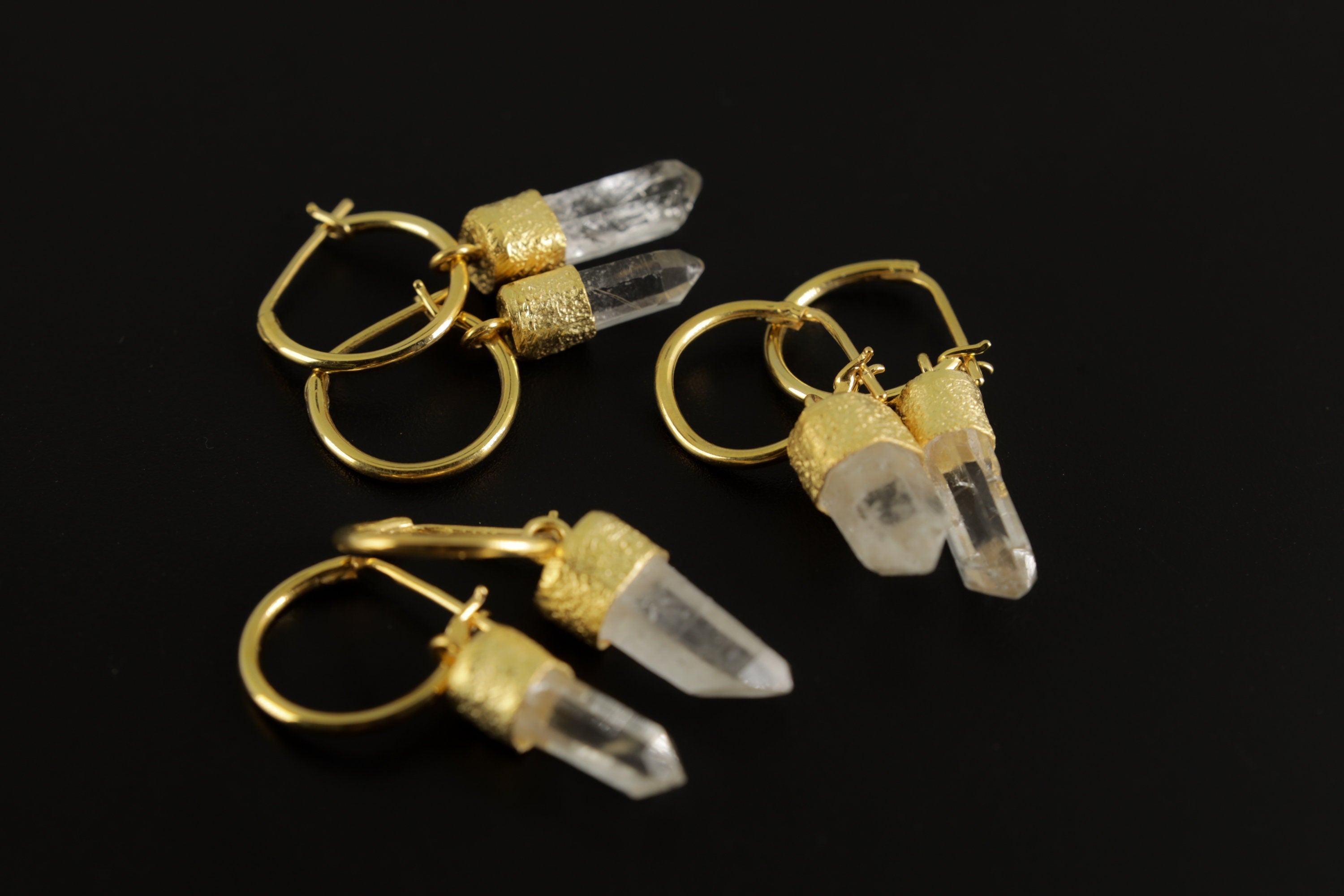 Golden Lemurian Dazzle: Australian Clear Lemurian Quartz - Sand Textured Gold Plated Sterling Silver - Hoop Earrings