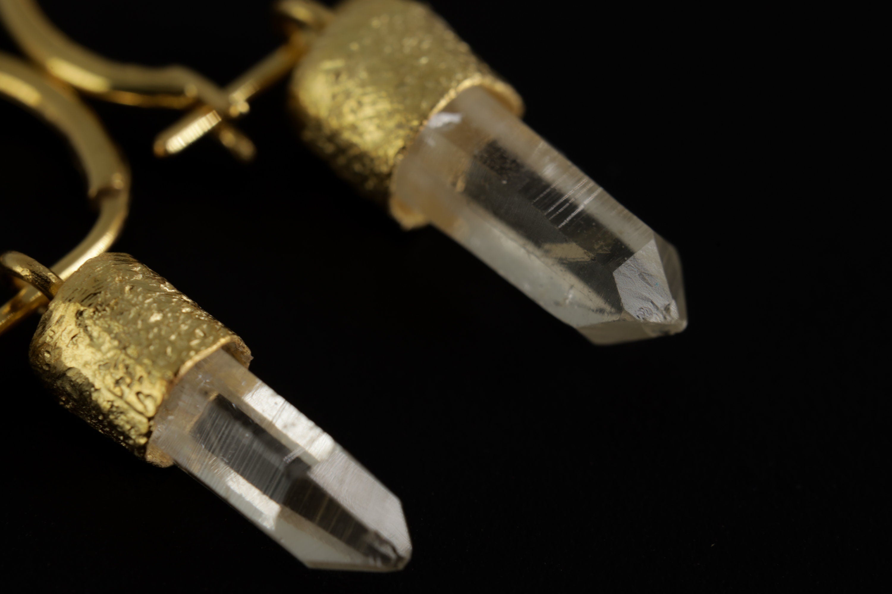 Golden Lemurian Dazzle: Australian Clear Lemurian Quartz - Sand Textured Gold Plated Sterling Silver - Hoop Earrings