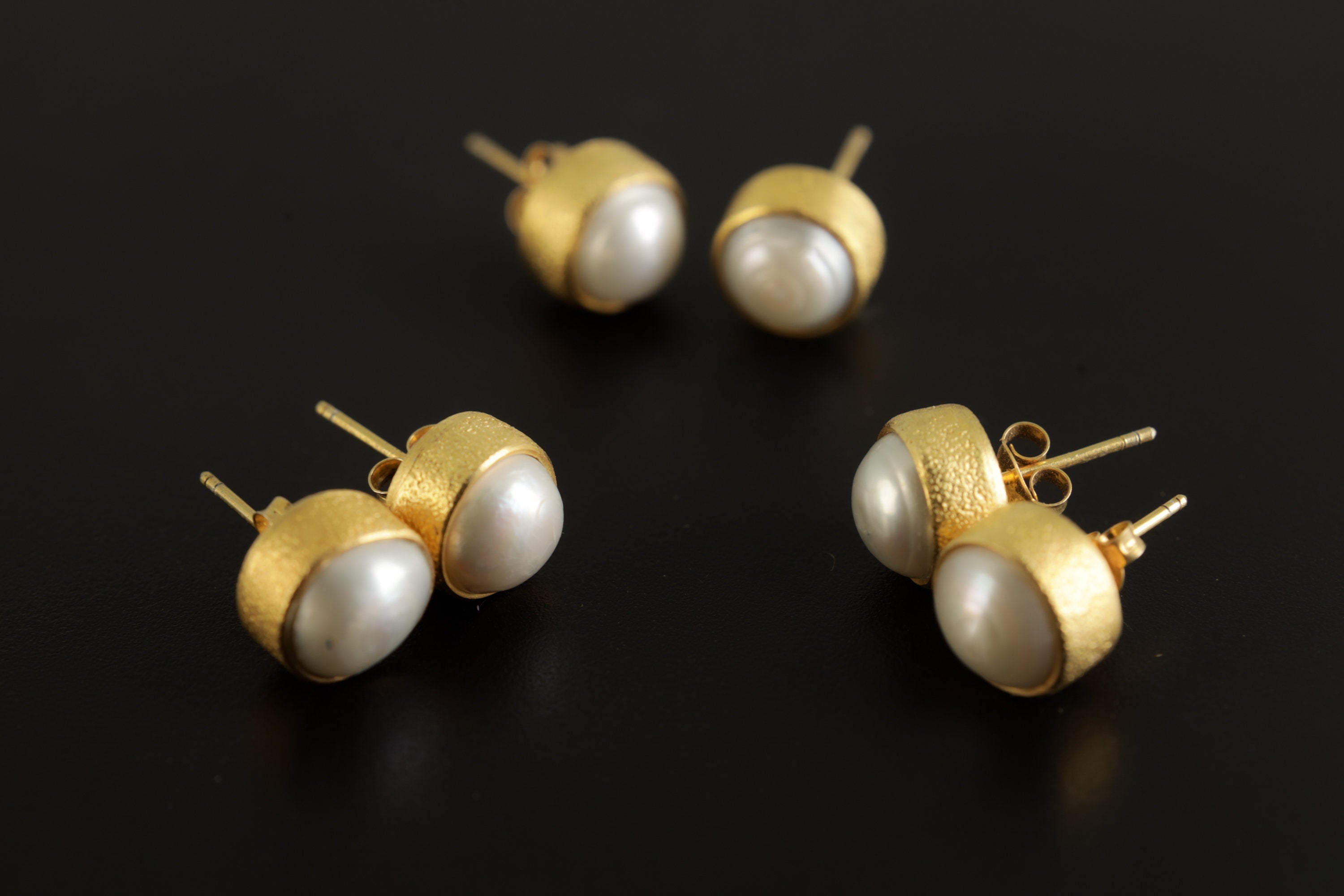 Ocean's Whisper: Large South Sea Pearl - Sand Textured Gold Plated Sterling Silver -Stud Earrings