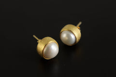 Ocean's Whisper: Large South Sea Pearl - Sand Textured Gold Plated Sterling Silver -Stud Earrings