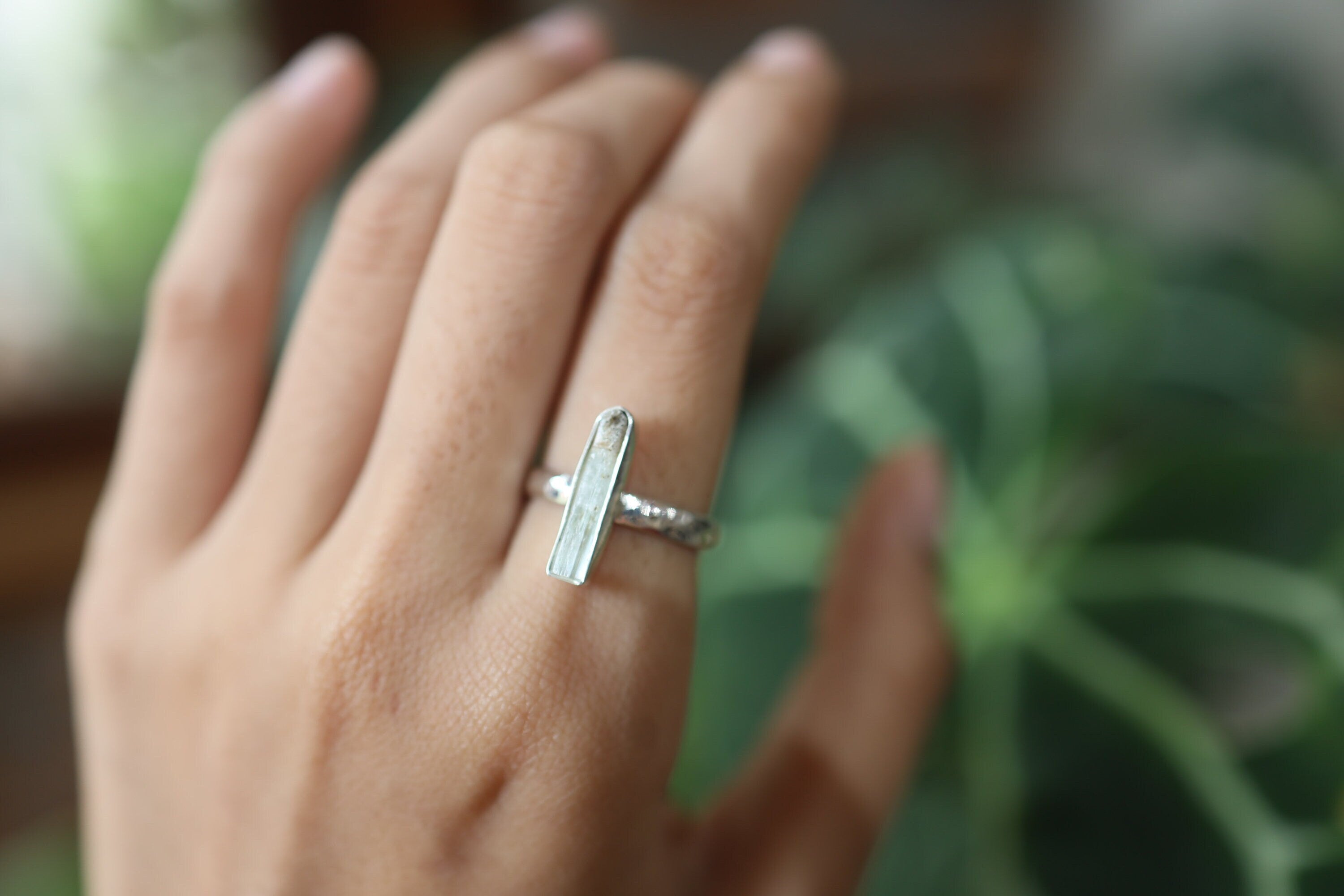 Long Beryl Shaped Fossicked Gem Aquamarine Ring Sterling Silver Hammer Textured & Shiny Finish Band Size 7 US Throat Chakra, Pisces/Aquarius