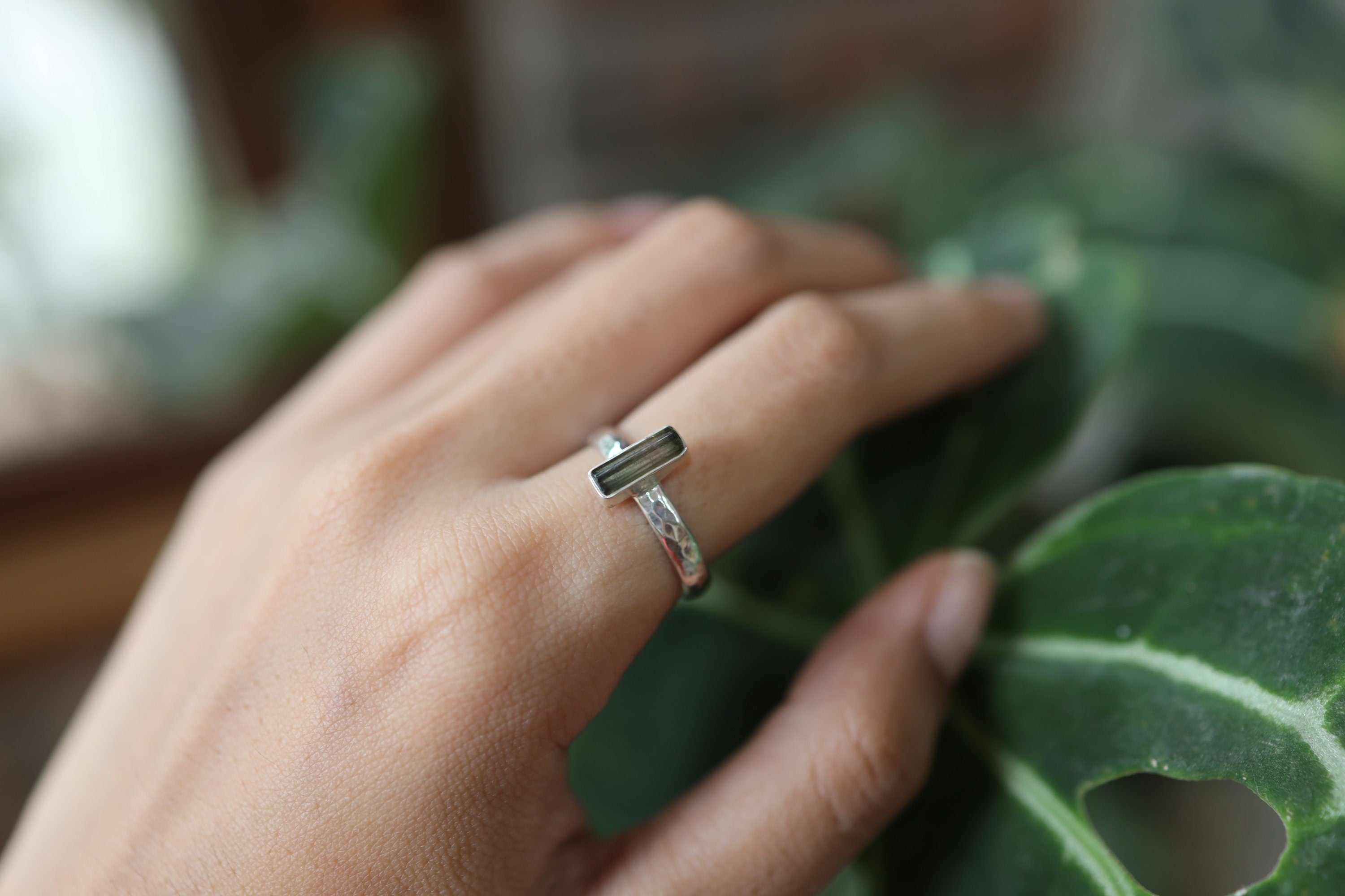 Vibrant Watermelon Tourmaline Wand Ring, Sterling Silver Crystal Band, Hammer Textured & Shiny Finish, Size 7 US, Heart Chakra, Libra/Gemini