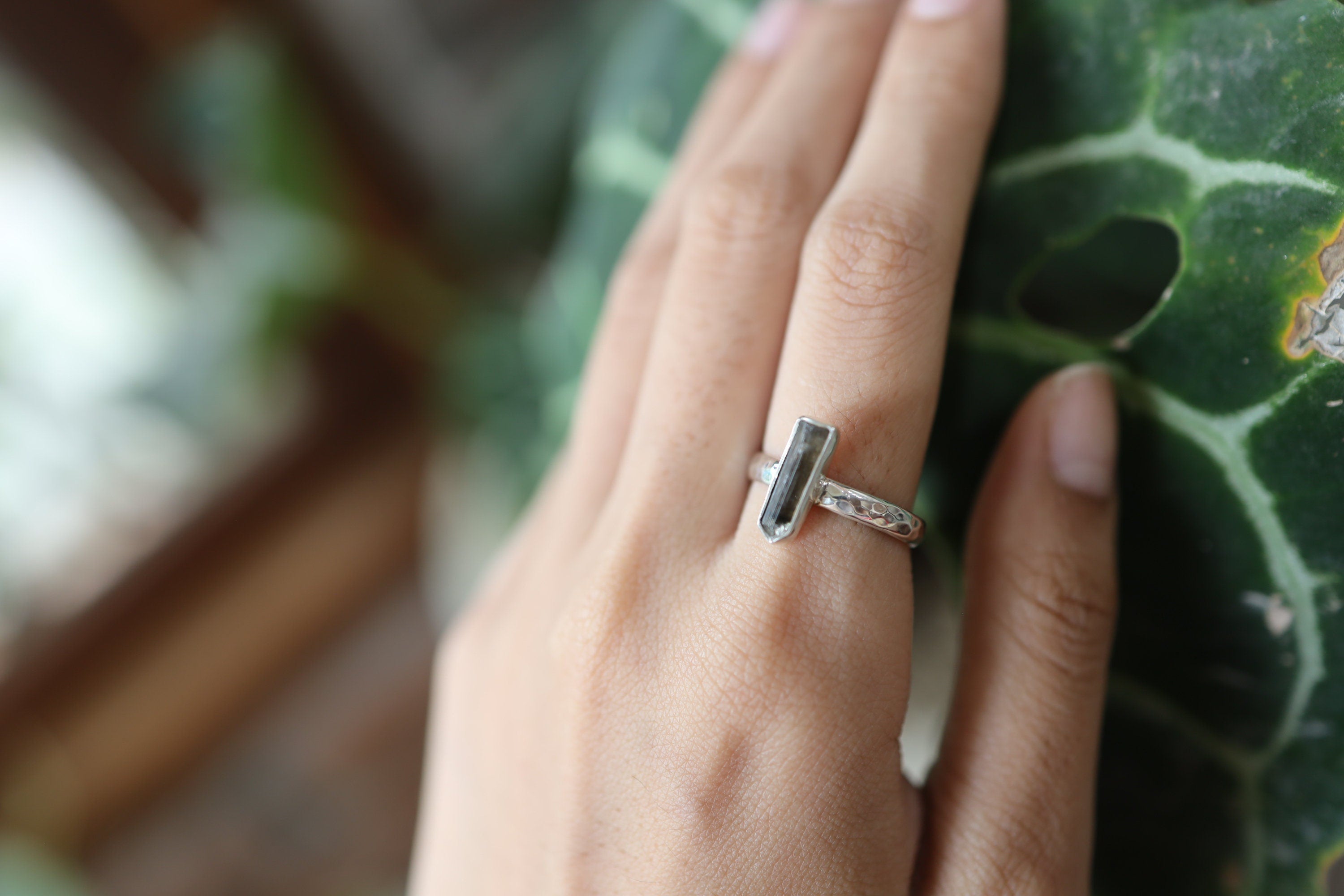 Sterling Silver Crystal Ring with Natural Terminated Watermelon Tourmaline Hammer Textured & Shiny Band, Size 7 US Heart Chakra Libra/Gemini