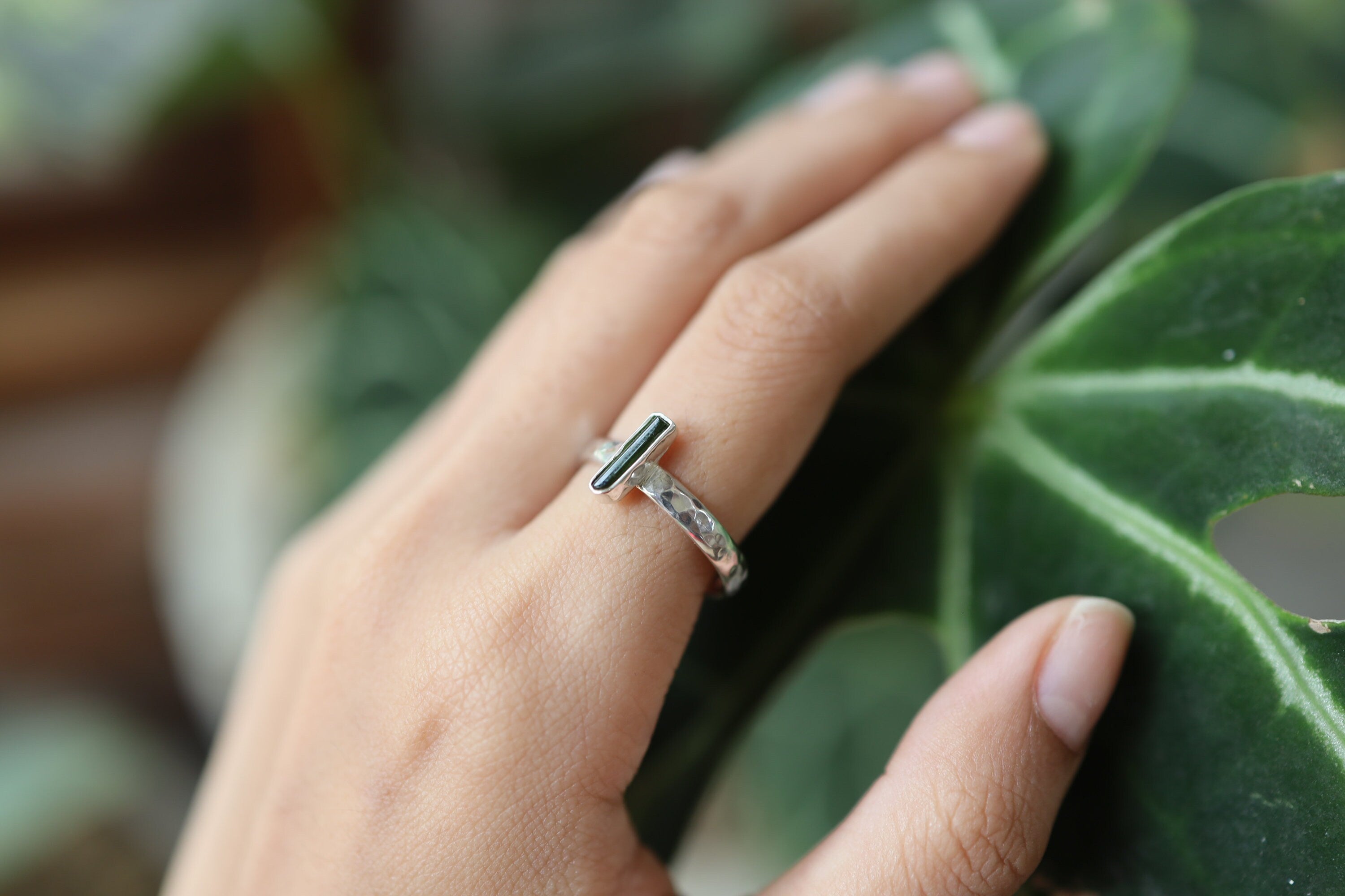 Vibrant Raw Vertical Set Green Tourmaline Ring, Sterling Silver, Hammer Textured & Shiny Half Round Band, Size 8 US Heart Chakra Libra/Virgo