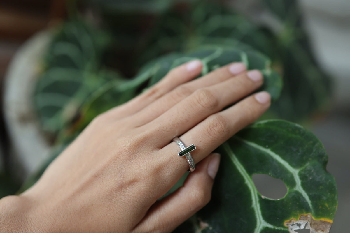 Vibrant Raw Vertical Set Green Tourmaline Ring, Sterling Silver, Hammer Textured & Shiny Half Round Band, Size 8 US Heart Chakra Libra/Virgo