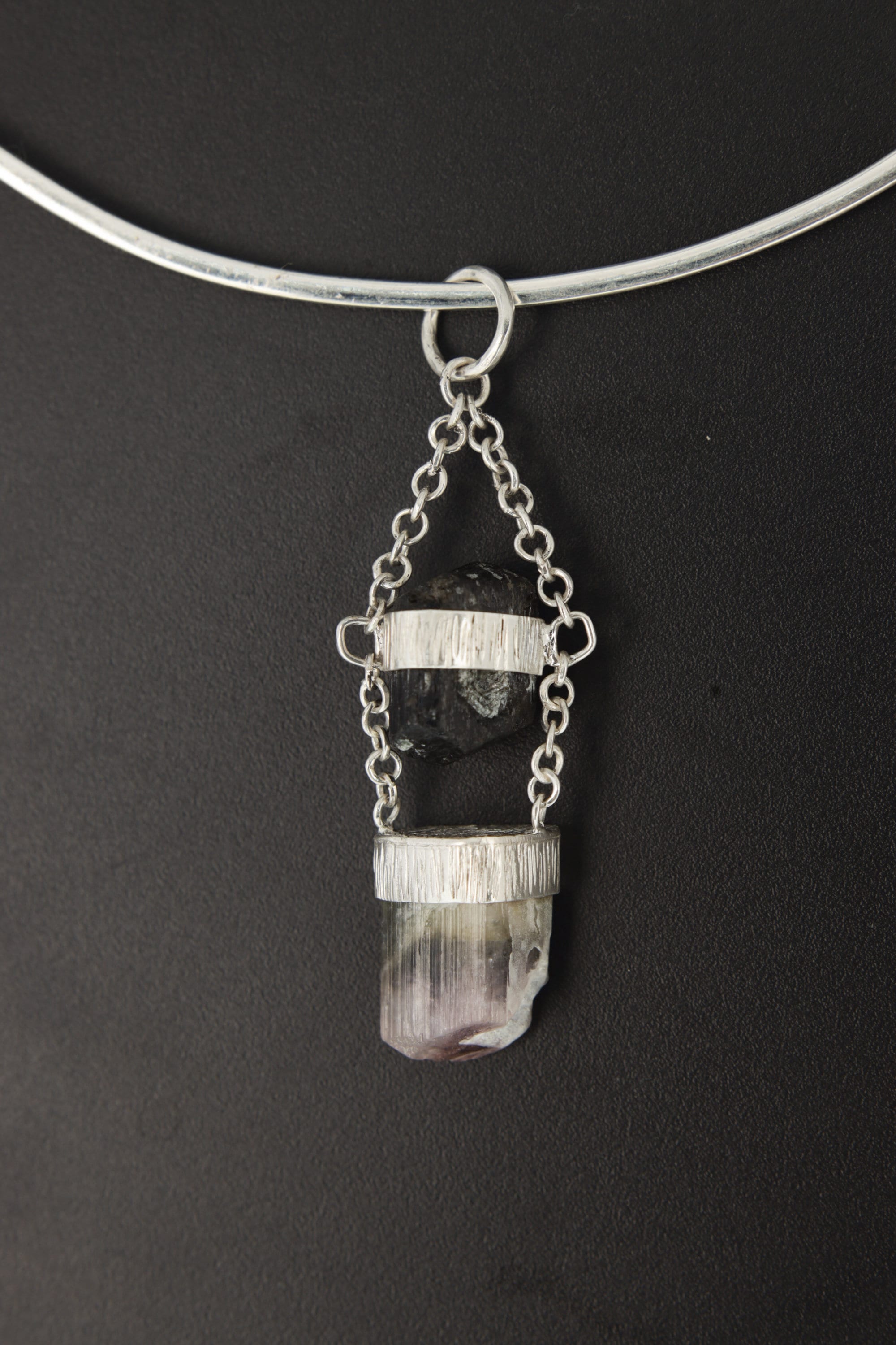 Black Tourmaline & Watermelon Tourmaline Pendant with Specialty Chain - Sterling Silver Crystal Pendant