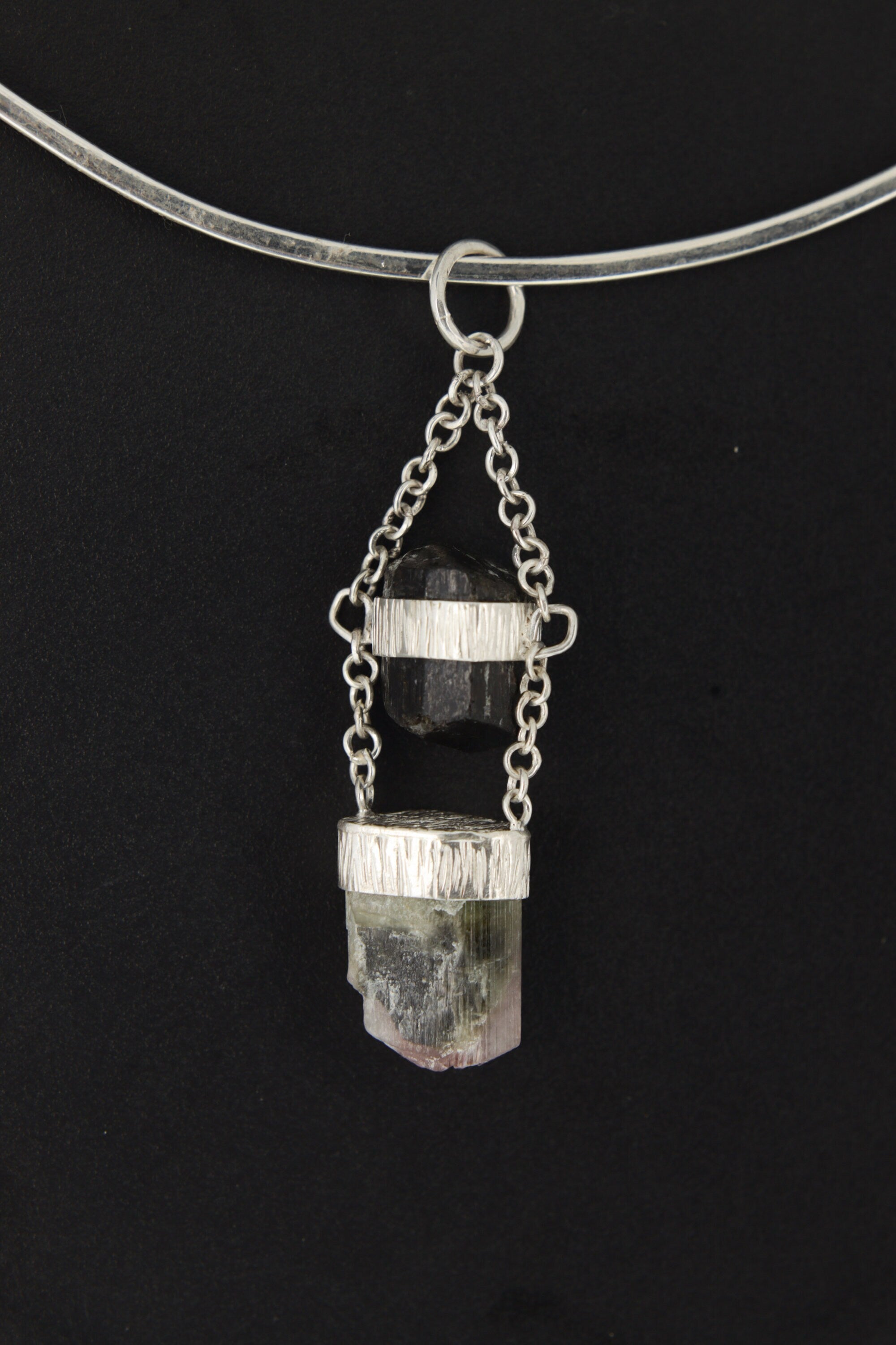 Black Tourmaline & Watermelon Tourmaline Pendant with Specialty Chain - Sterling Silver Crystal Pendant