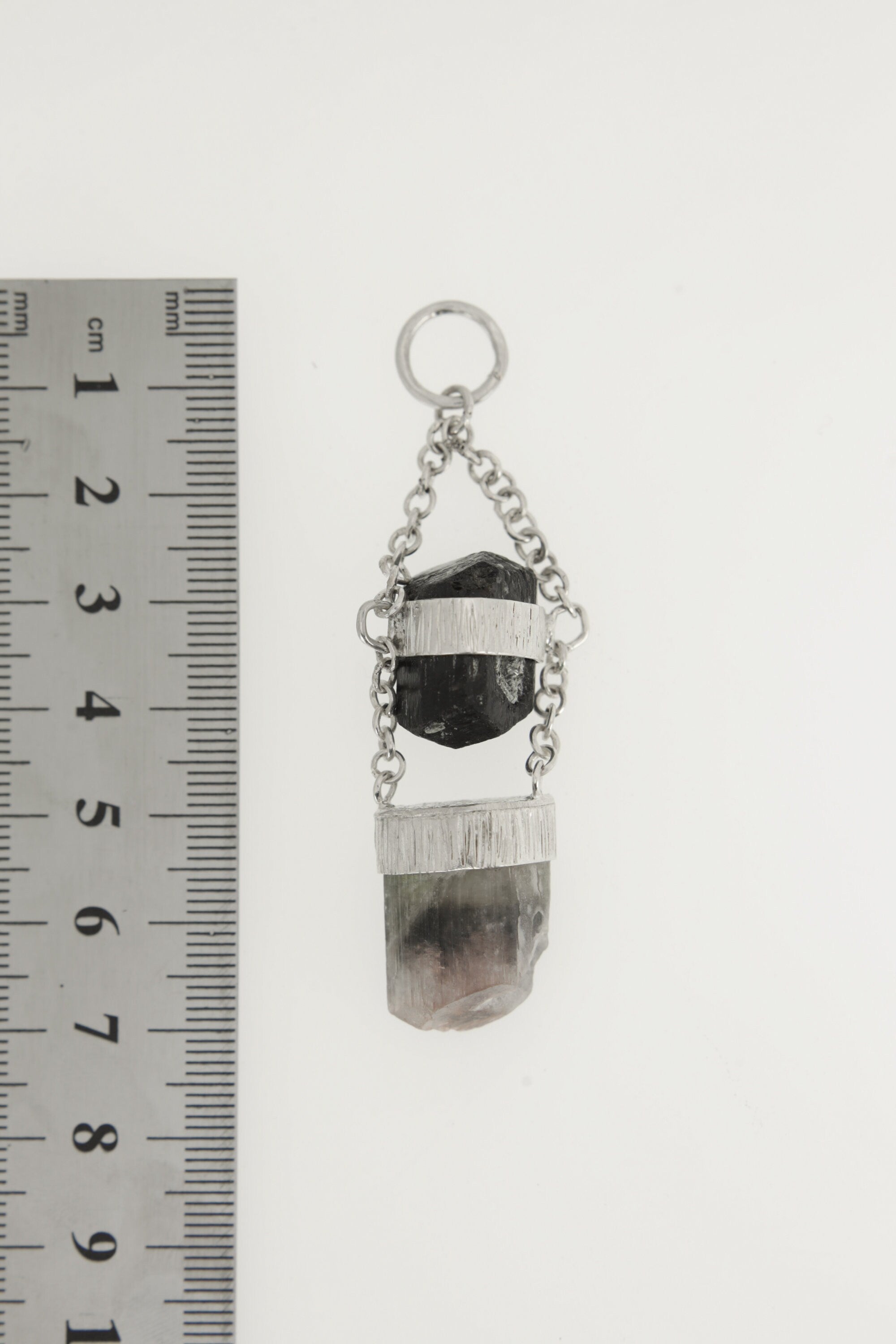 Black Tourmaline & Watermelon Tourmaline Pendant with Specialty Chain - Sterling Silver Crystal Pendant