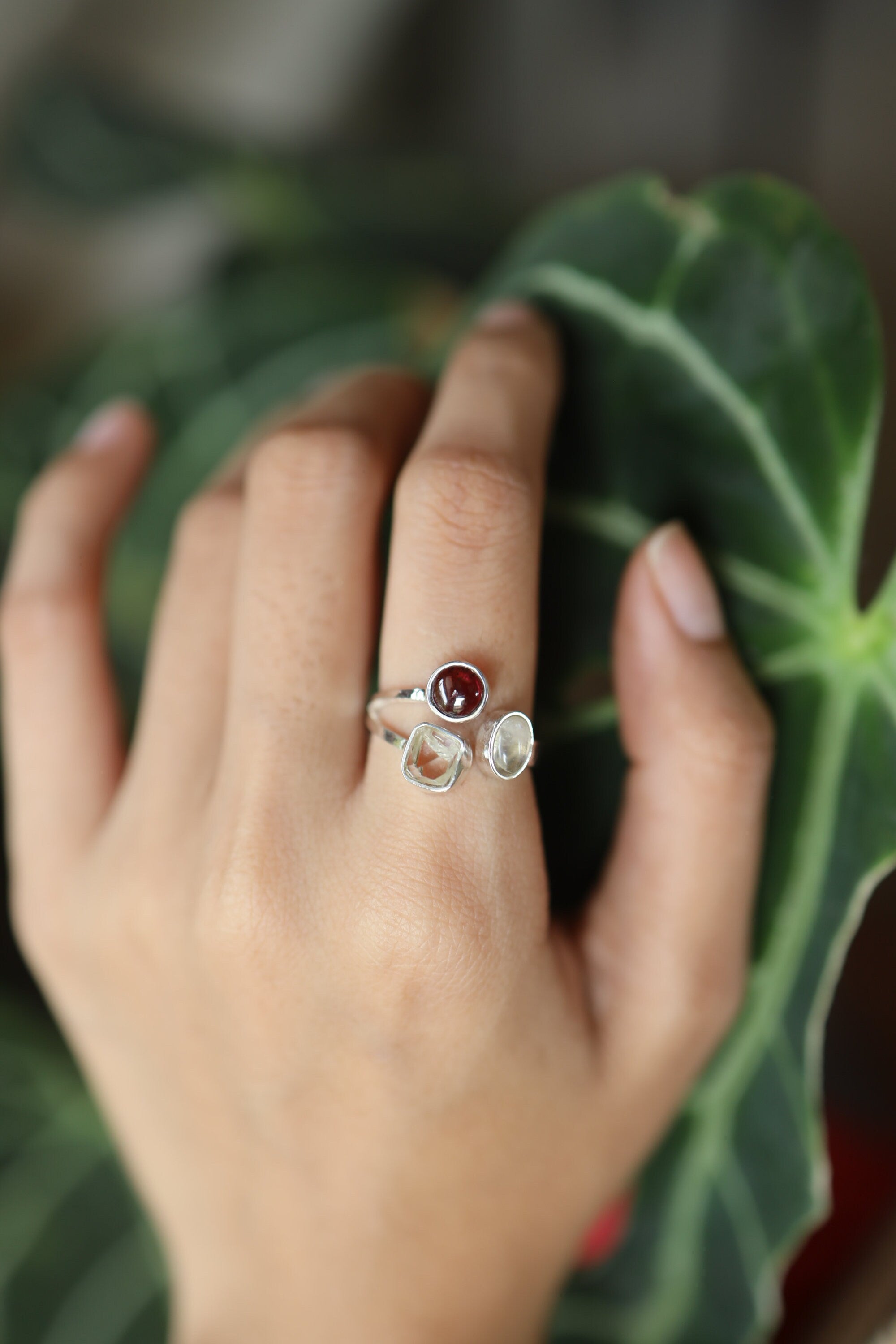 Open Adjustable Sterling Silver Ring with Garnet, Herkimer Diamond & Moonstone, Flat Hammer Textured Band, Size 5-10 US, Clarity Strength