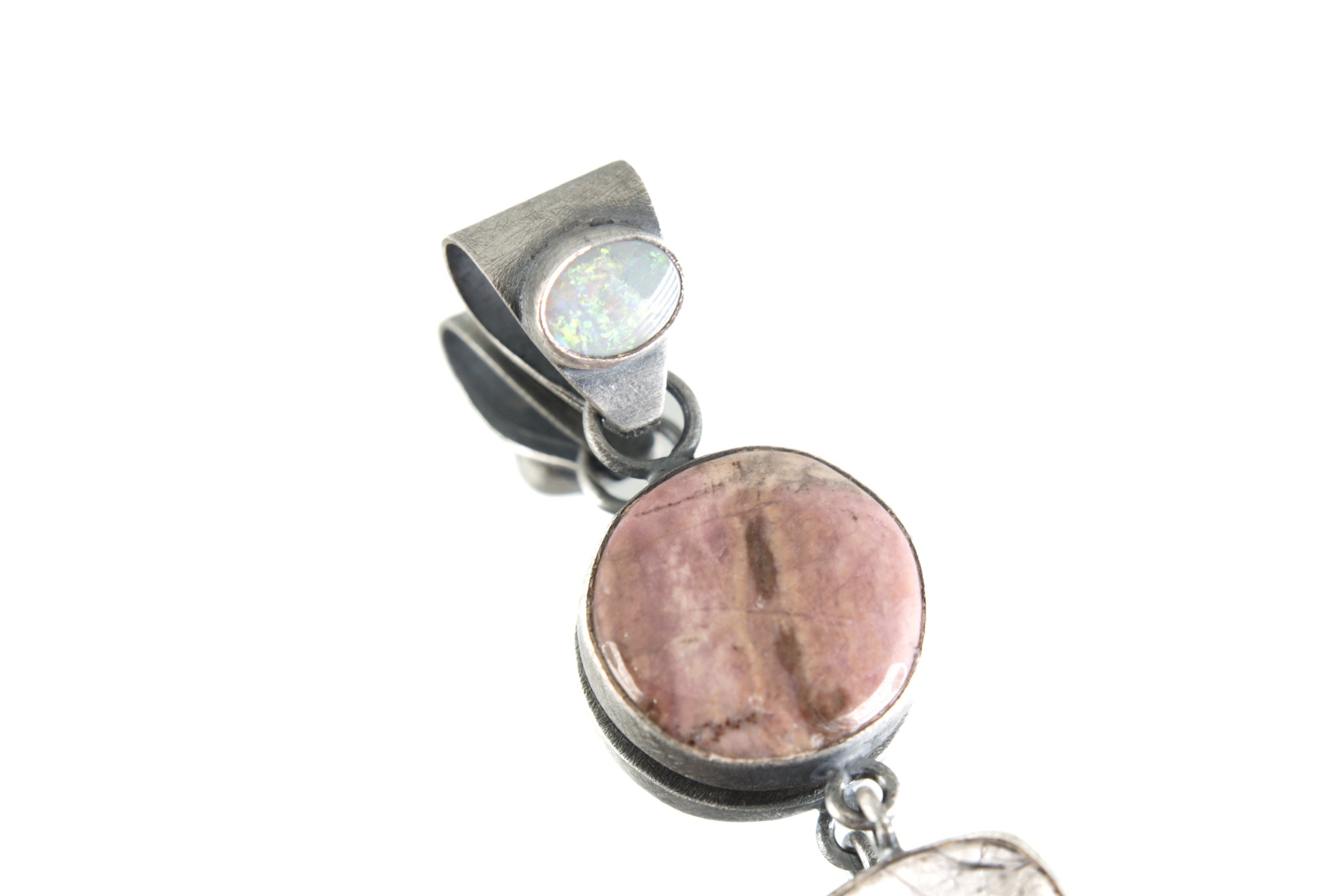 Rhodochrosite & Tooth-Shaped Rutile Quartz Pendant with Moonstone Bail Sterling Silver, Oxidized Brush Texture Dangling Charm Heart Chakra