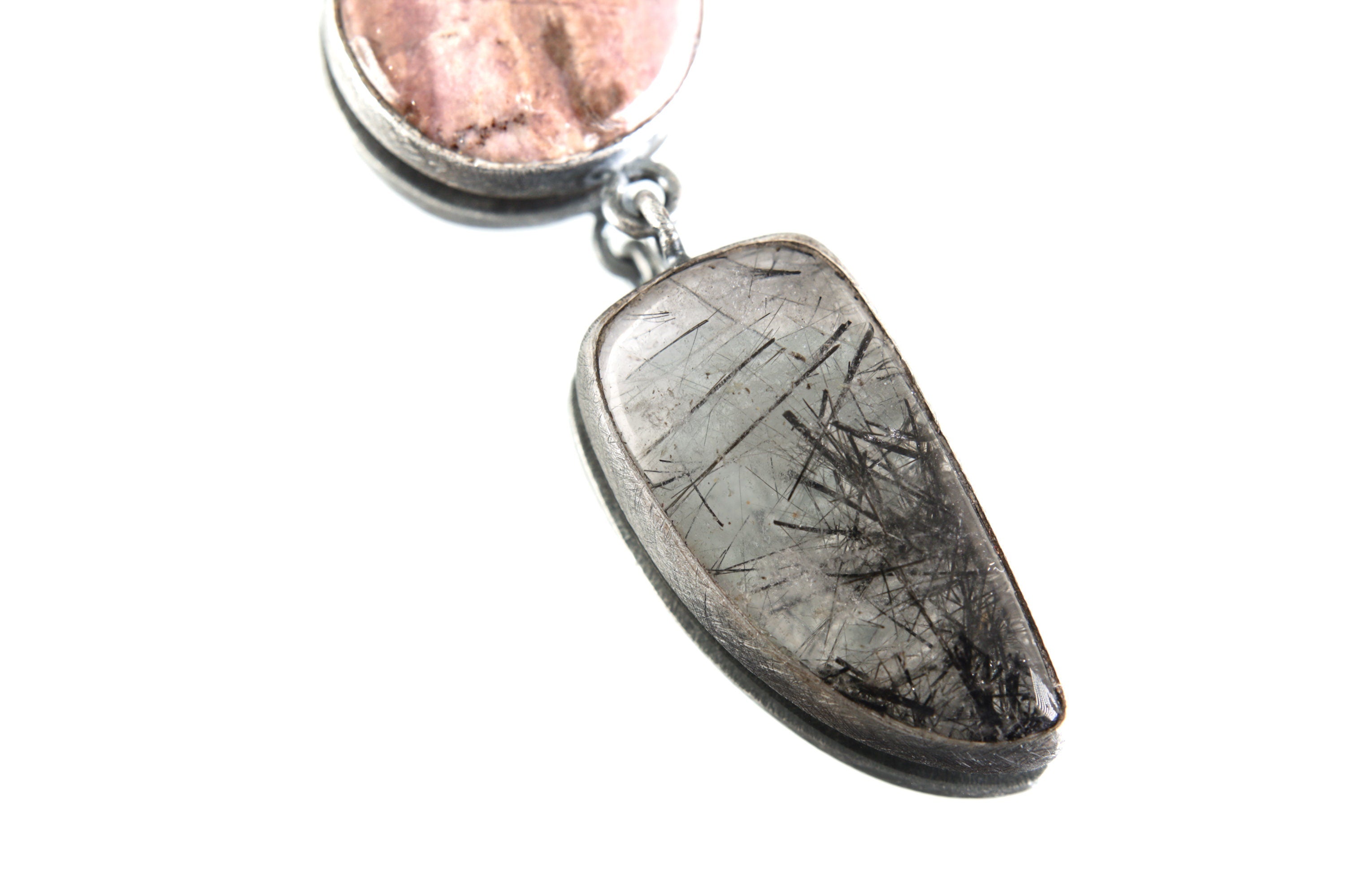 Rhodochrosite & Tooth-Shaped Rutile Quartz Pendant with Moonstone Bail Sterling Silver, Oxidized Brush Texture Dangling Charm Heart Chakra