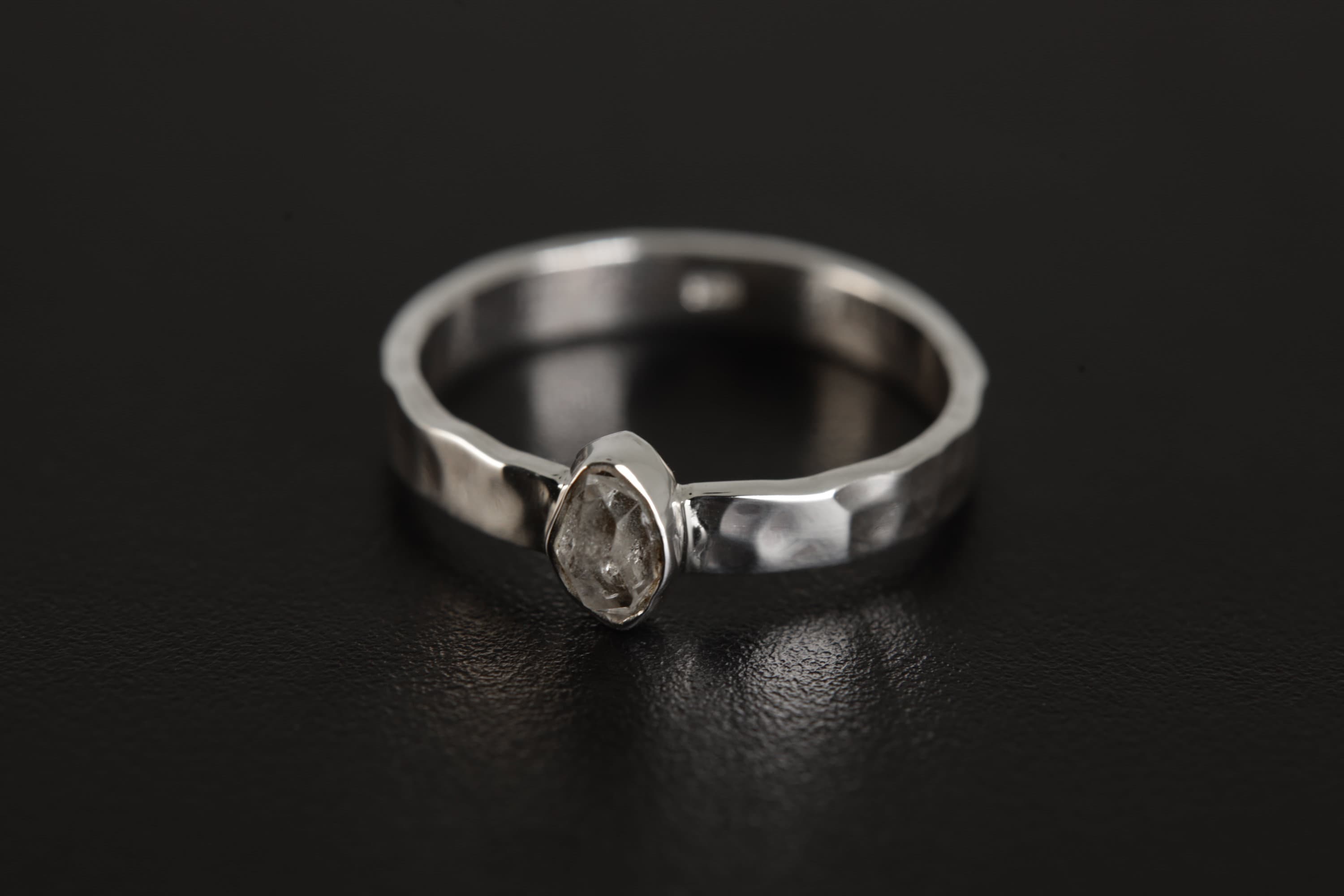 Gorgeous Petite Herkimer Diamond Ring, Sterling Silver, Flat Hammer Textured Shiny Finish Stack Band, Size 5-9 US, Clarity & Energy