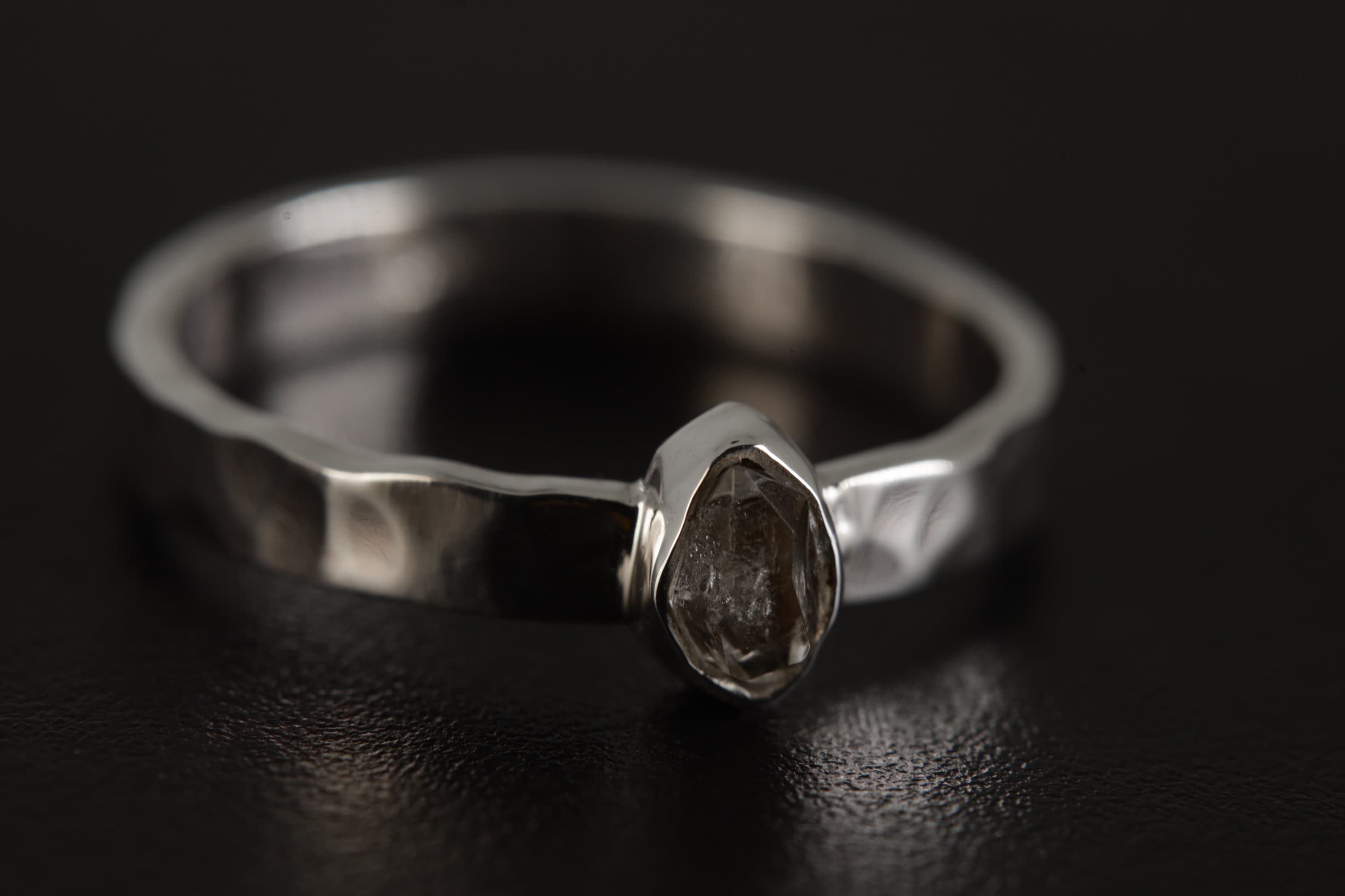 Gorgeous Petite Herkimer Diamond Ring, Sterling Silver, Flat Hammer Textured Shiny Finish Stack Band, Size 5-9 US, Clarity & Energy