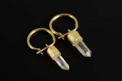 Golden Lemurian Dazzle: Australian Clear Lemurian Quartz - Sand Textured Gold Plated Sterling Silver - Hoop Earrings