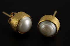 Ocean's Whisper: Large South Sea Pearl - Sand Textured Gold Plated Sterling Silver -Stud Earrings