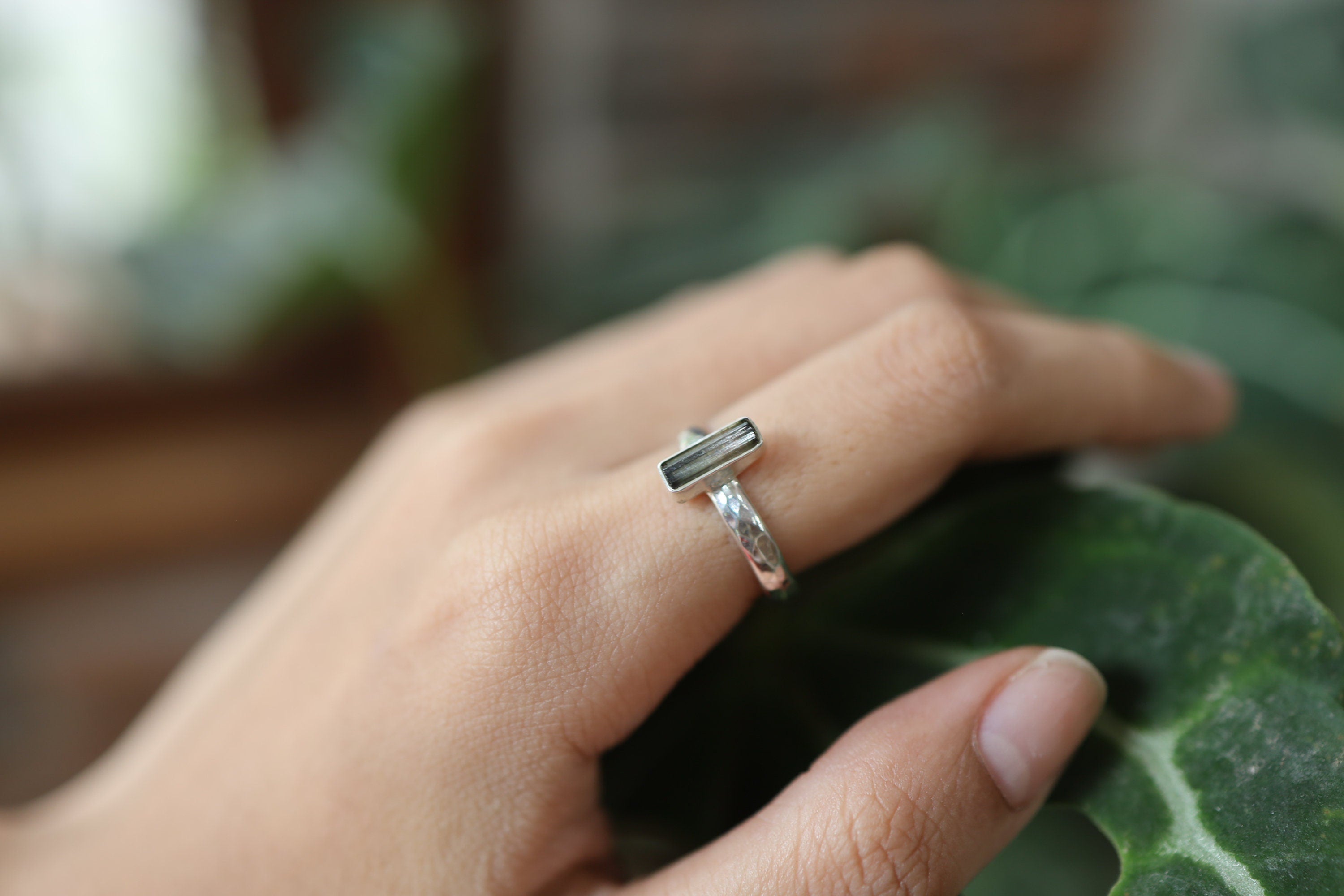 Vibrant Watermelon Tourmaline Wand Ring, Sterling Silver Crystal Band, Hammer Textured & Shiny Finish, Size 7 US, Heart Chakra, Libra/Gemini