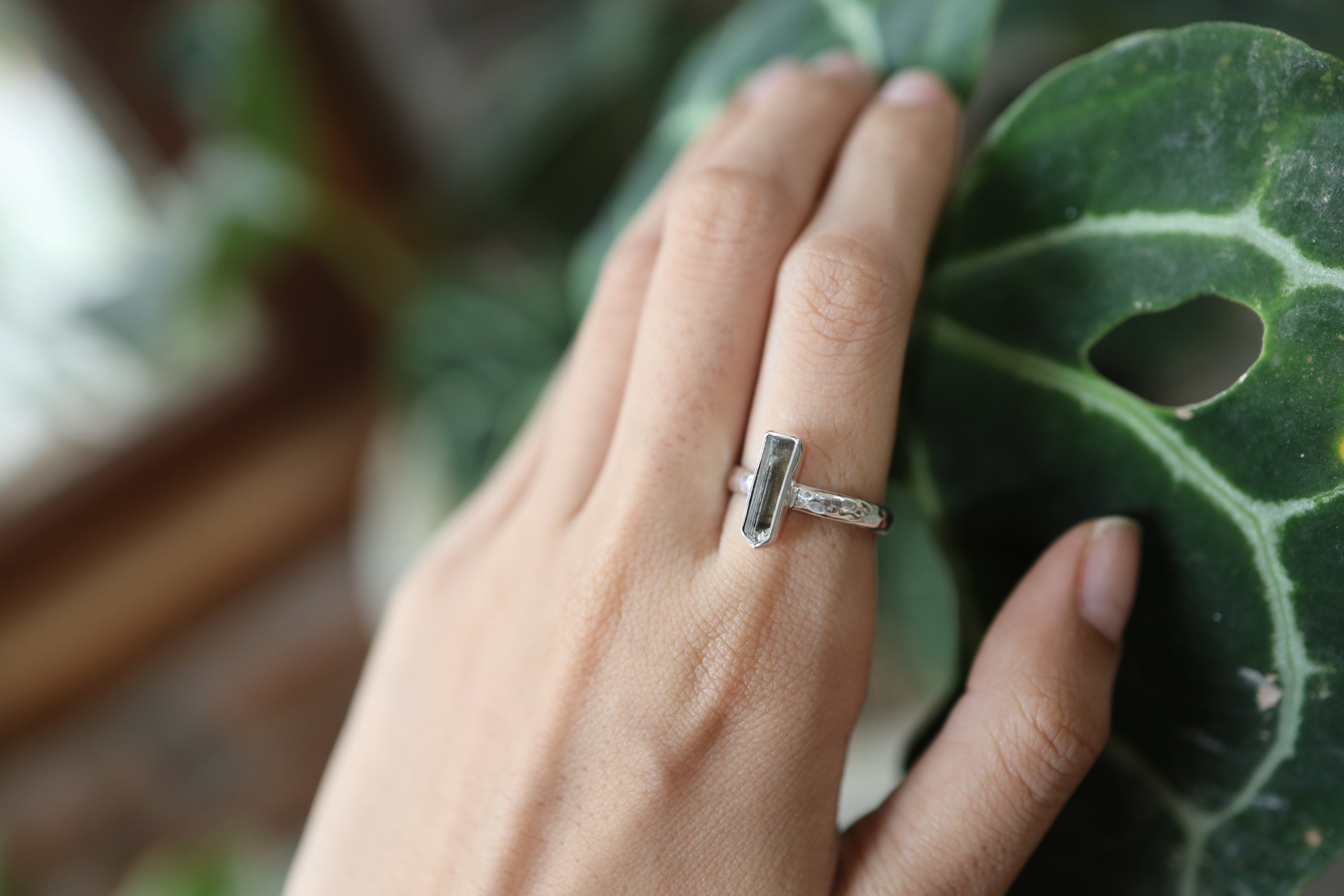 Sterling Silver Crystal Ring with Natural Terminated Watermelon Tourmaline Hammer Textured & Shiny Band, Size 7 US Heart Chakra Libra/Gemini