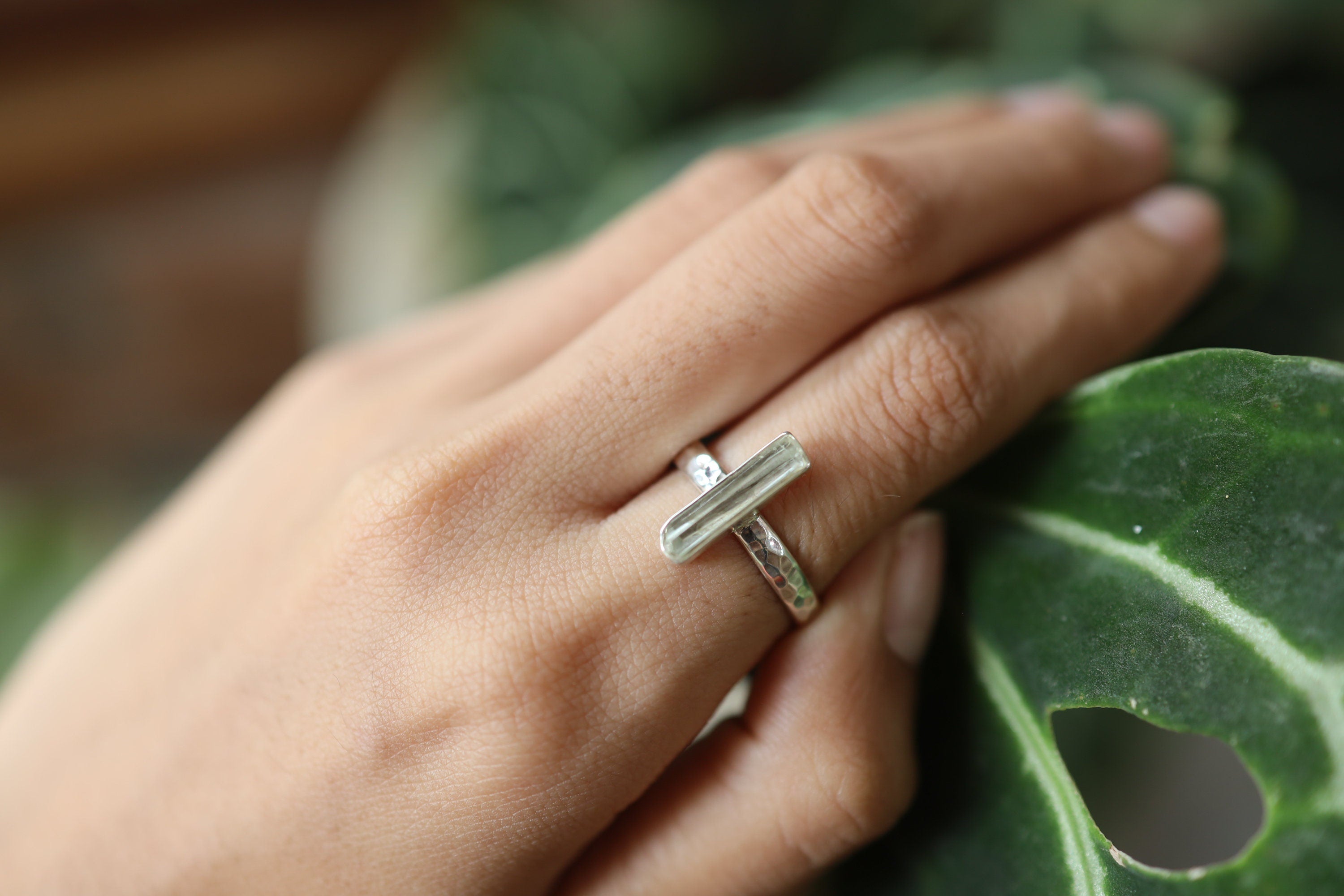 Australian Fossicked Aquamarine Sterling Silver Ring - Hammer Textured Shiny Band - Crystal Ring Size 9 US - Throat Chakra, March Birthstone