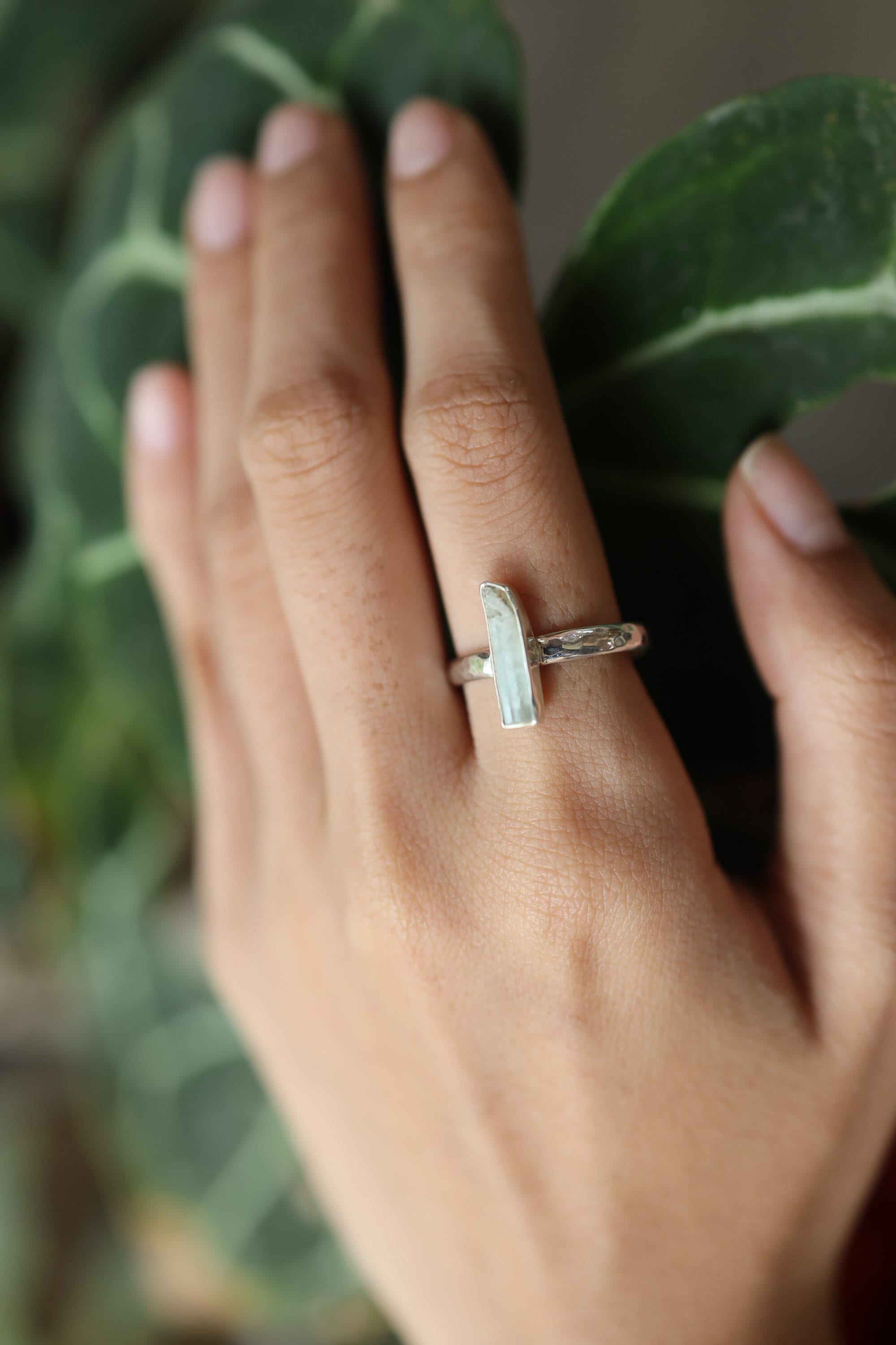 Gemmy Fossicked Aquamarine Crystal Ring, Sterling Silver, Hammer Textured & Shiny Half Round Band, Size 9 US, Throat Chakra, Pisces/Aquarius