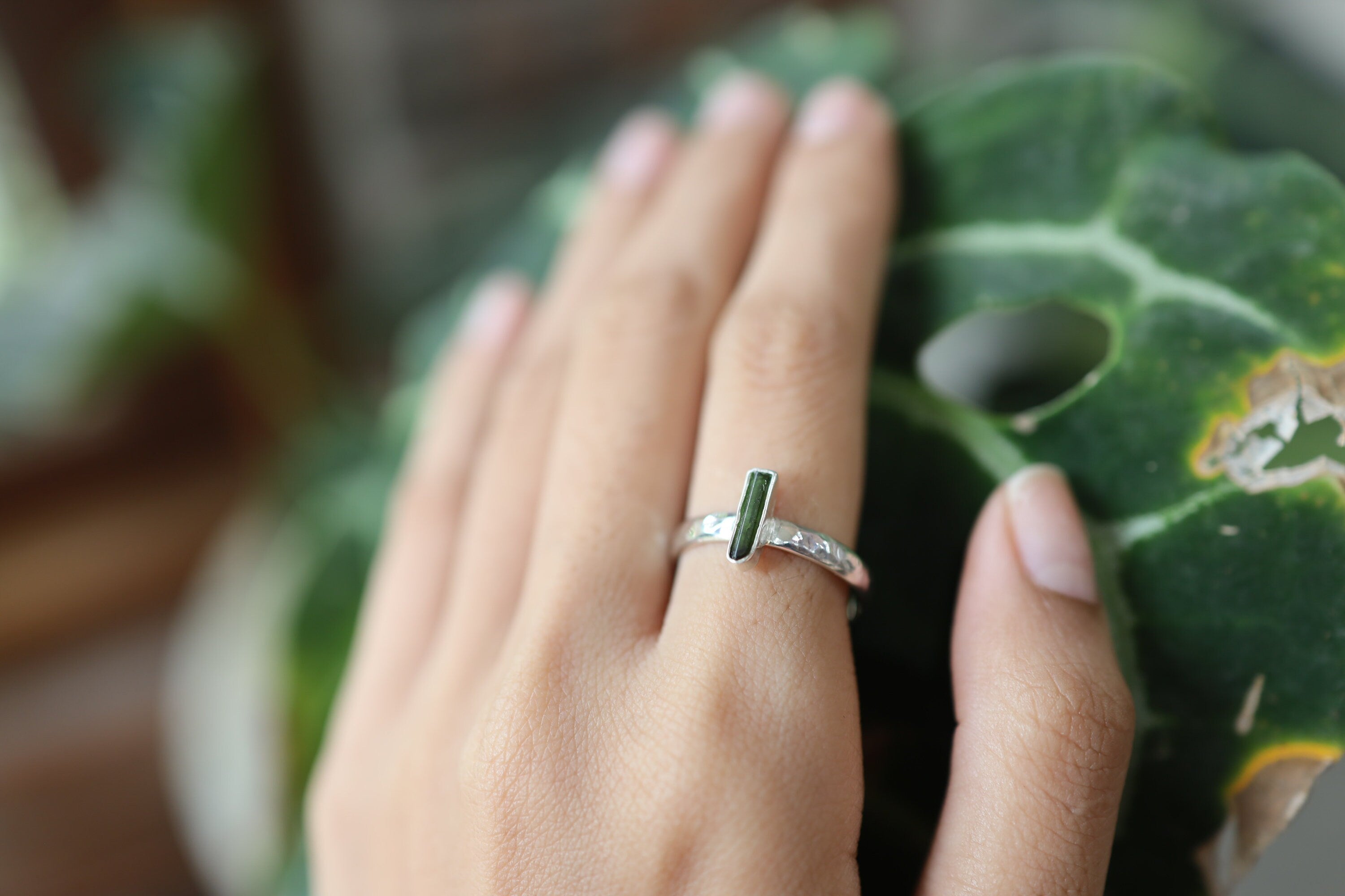 Vibrant Raw Vertical Set Green Tourmaline Ring, Sterling Silver, Hammer Textured & Shiny Half Round Band, Size 8 US Heart Chakra Libra/Virgo