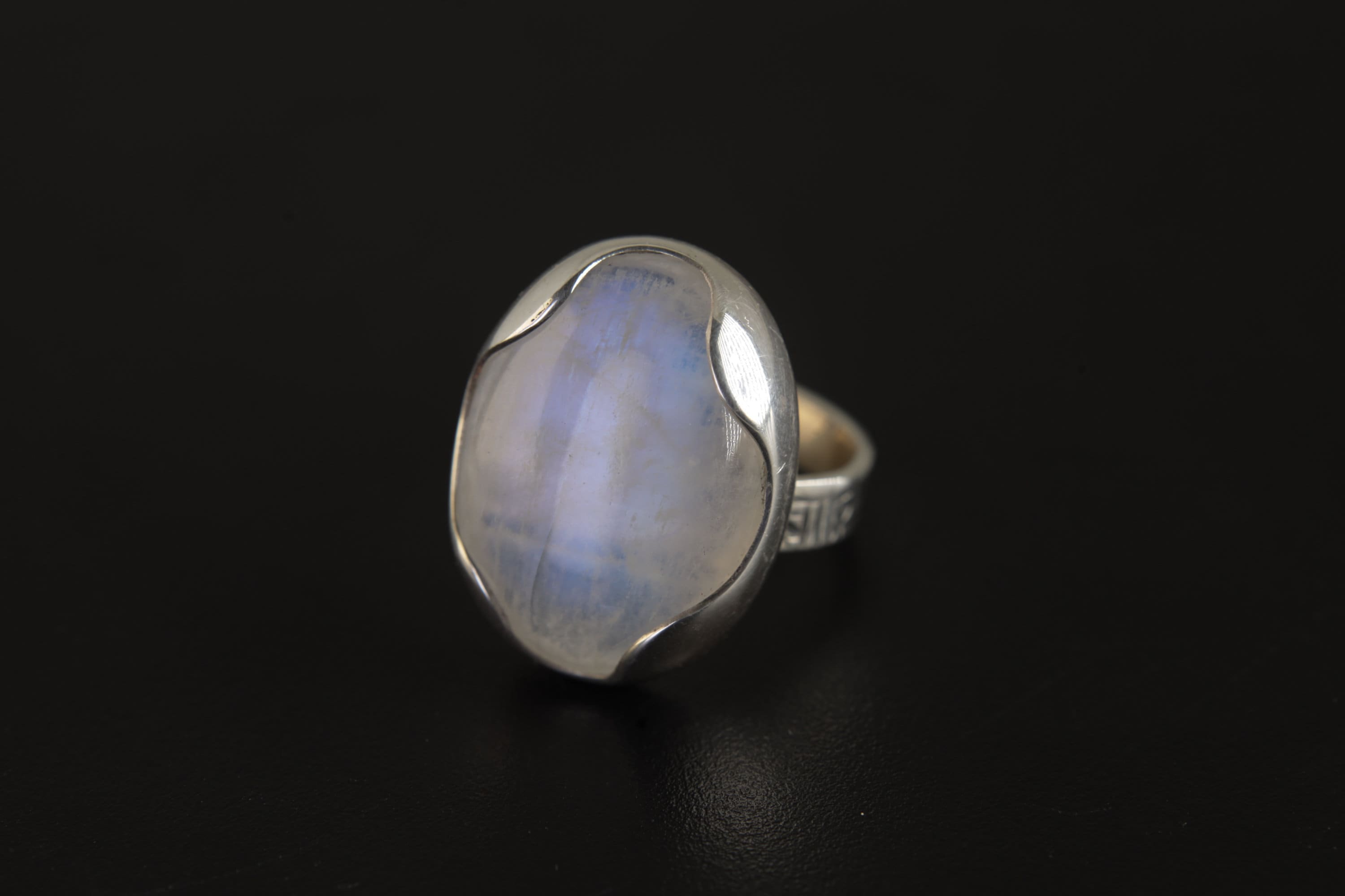 Moonstone Adjustable Ring in Sterling Silver, Oval Shape, Textured Band, High Polish Finish, Crown Chakra, Cancer Zodiac, Unique Gift