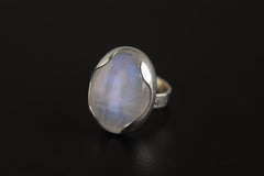 Moonstone Adjustable Ring in Sterling Silver, Oval Shape, Textured Band, High Polish Finish, Crown Chakra, Cancer Zodiac, Unique Gift