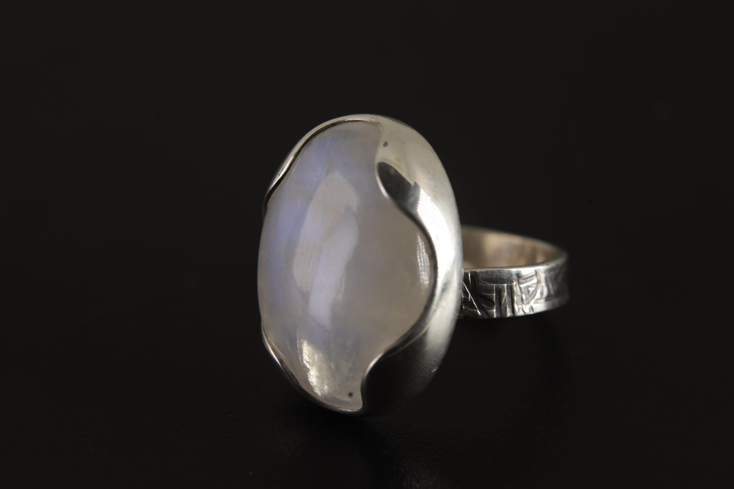 Moonstone Adjustable Ring in Sterling Silver, Oval Shape, Textured Band, High Polish Finish, Crown Chakra, Cancer Zodiac, Unique Gift