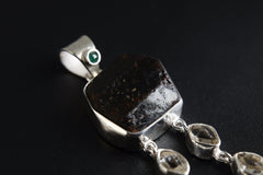 Emerald Dravit Brown Tourmaline,Herkimer Diamond,Aquamarine,Tiger Eye- Silver Pendant - Hammered Textured & High Polish