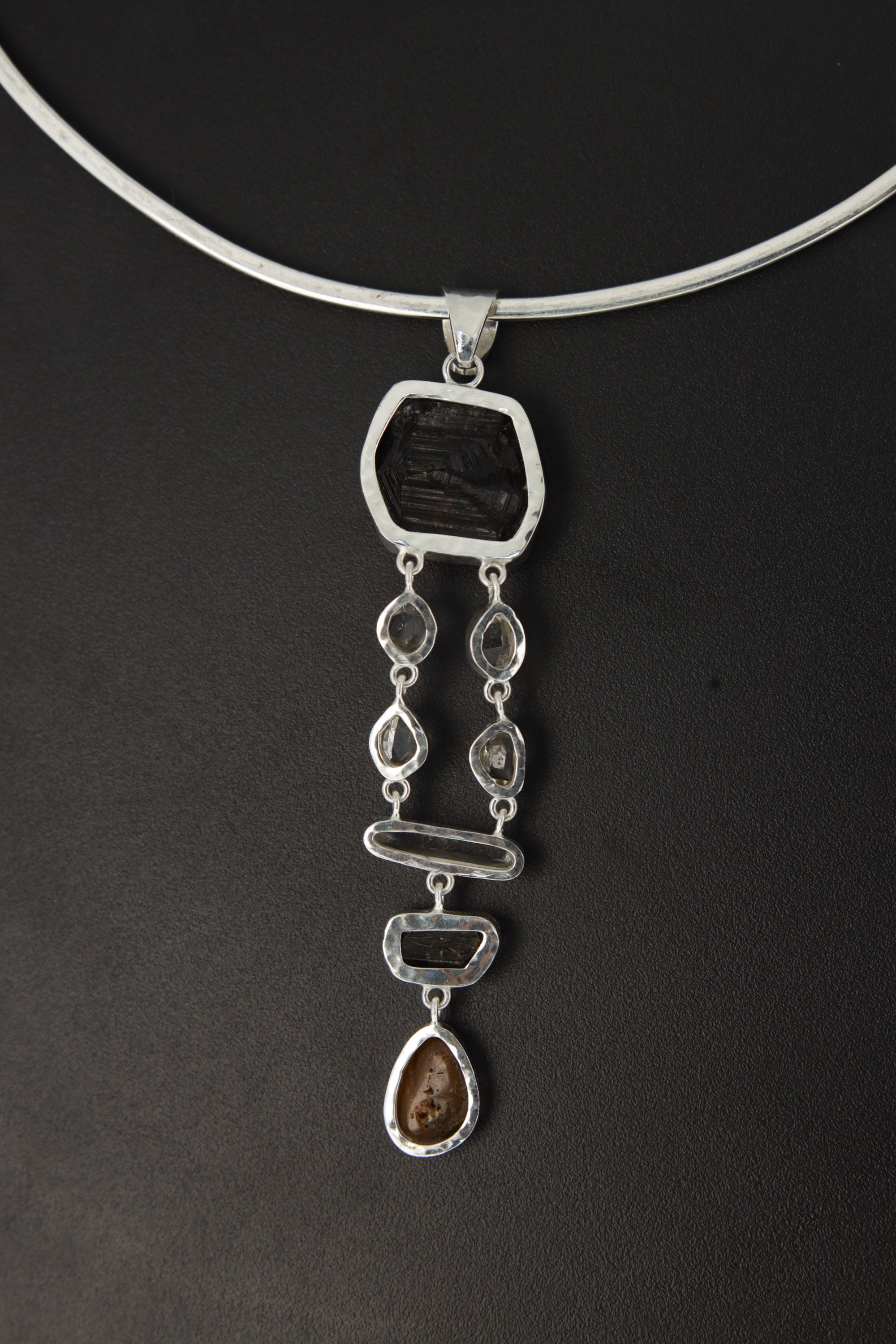 Emerald Dravit Brown Tourmaline,Herkimer Diamond,Aquamarine,Tiger Eye- Silver Pendant - Hammered Textured & High Polish