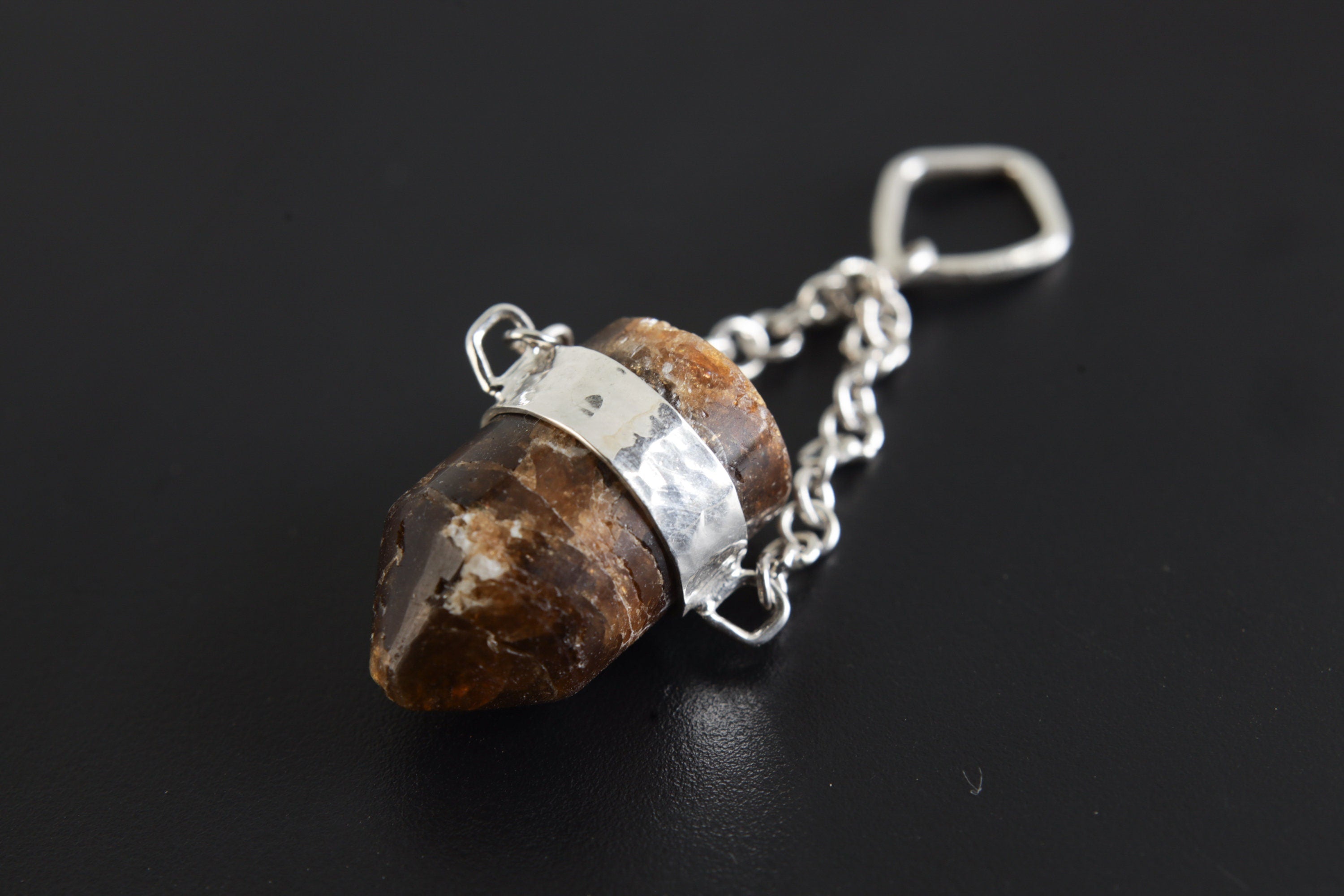 Brown Tourmaline Sterling Silver Crystal Pendant - High Polish Finish - Chain Bail - Wrapped in Textured Silver - Capricorn/Virgo