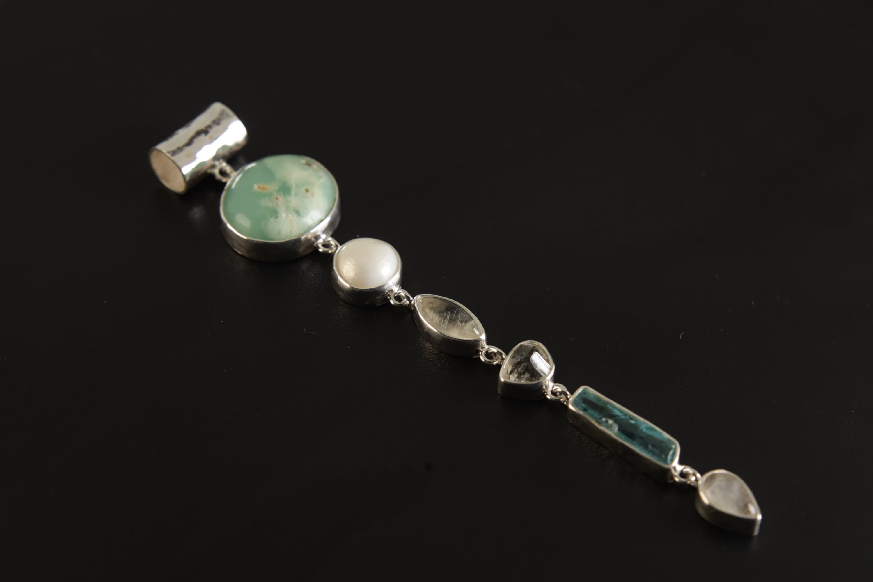 Chrysoprase, Pearl, Moonstone, Herkimer Diamond & Aquamarine - Silver Pendant - High Polish - Hammered Textured