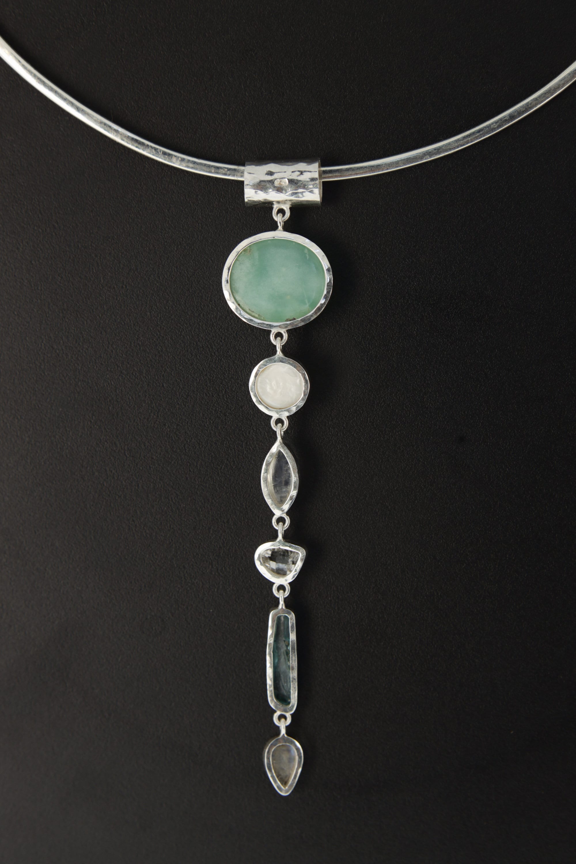 Chrysoprase, Pearl, Moonstone, Herkimer Diamond & Aquamarine - Silver Pendant - High Polish - Hammered Textured