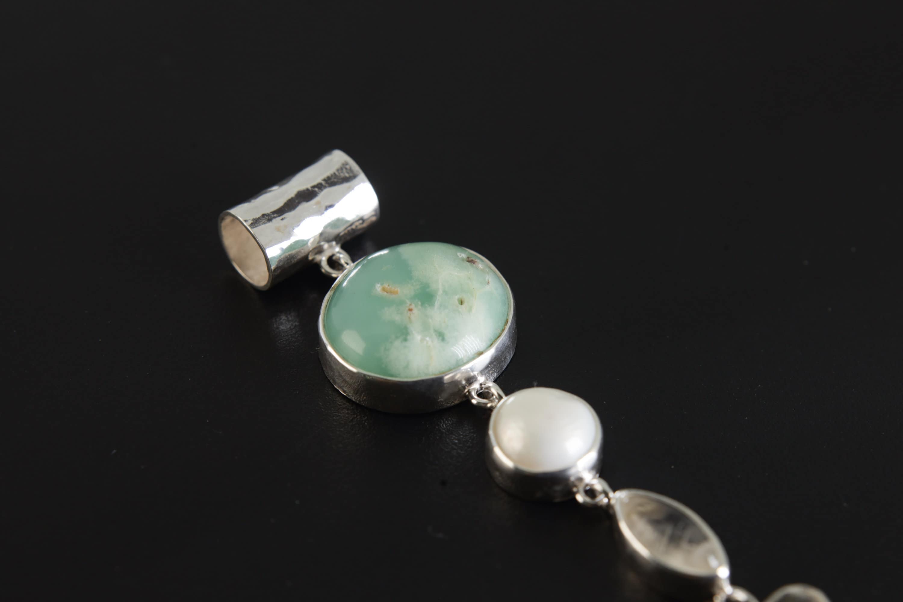 Chrysoprase, Pearl, Moonstone, Herkimer Diamond & Aquamarine - Silver Pendant - High Polish - Hammered Textured