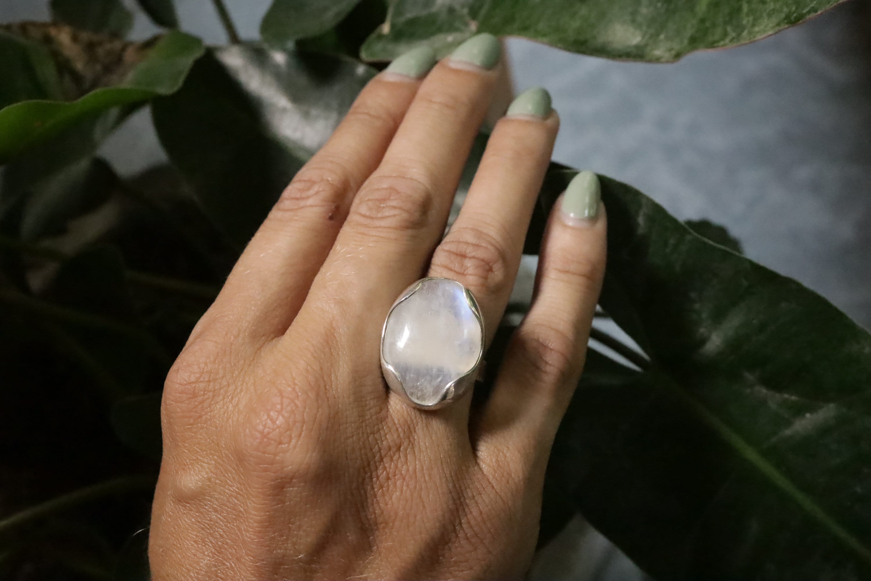 Moonstone Adjustable Ring in Sterling Silver, Oval Shape, Textured Band, High Polish Finish, Crown Chakra, Cancer Zodiac, Unique Gift