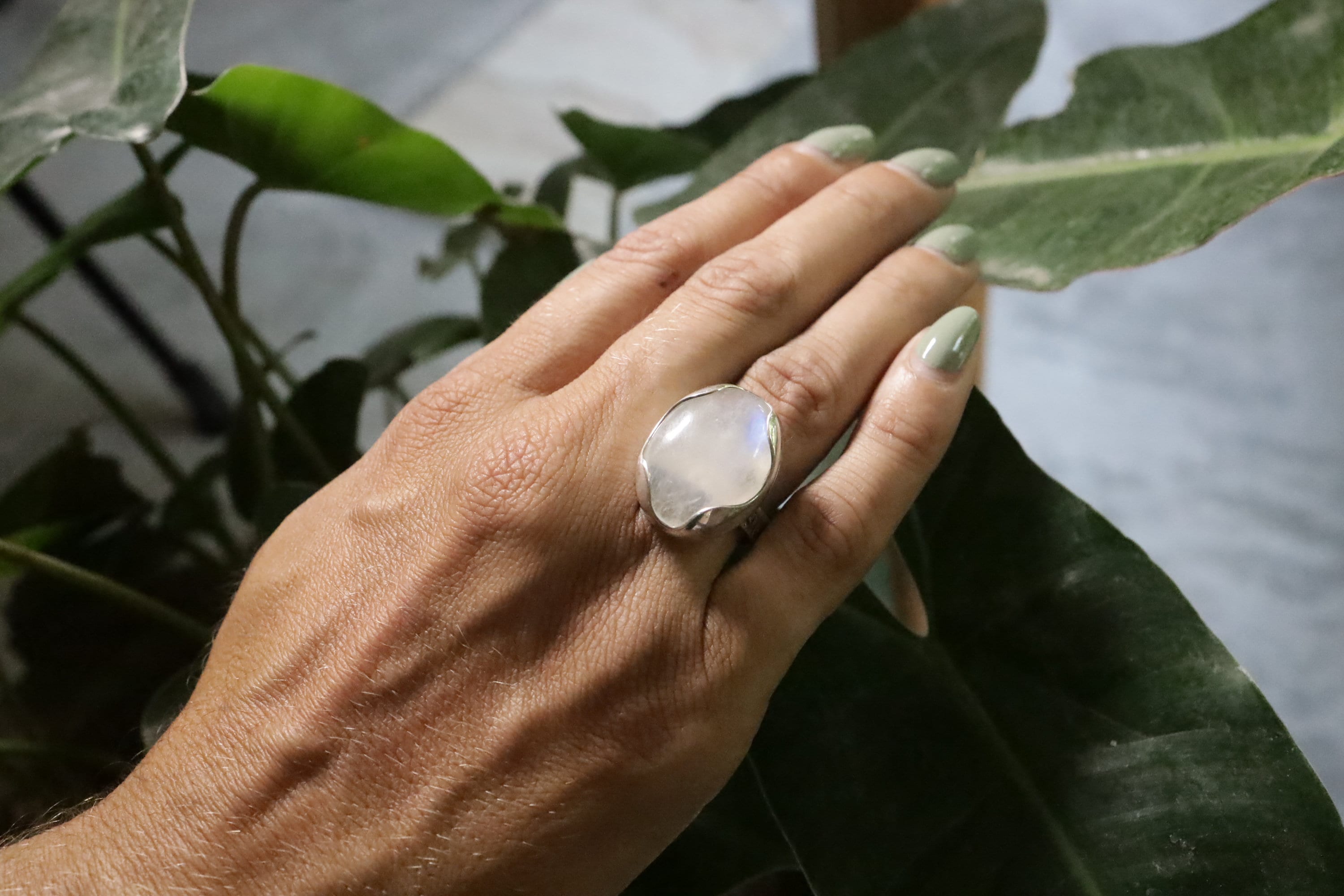 Moonstone Adjustable Ring in Sterling Silver, Oval Shape, Textured Band, High Polish Finish, Crown Chakra, Cancer Zodiac, Unique Gift