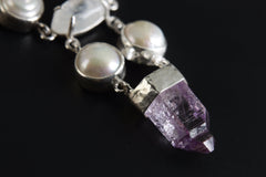 South Sea Pearls, Moonstone & Vera Cruz Amethyst Point -Sterling Silver Pendant -Hammered Textured - High Shine Polish