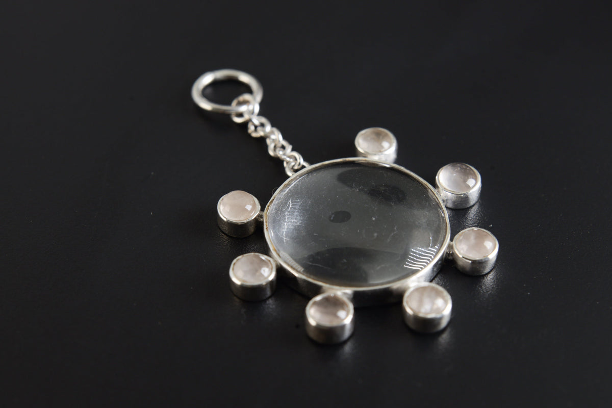 Visionary Rose Quartz & Magnifying Glass - Sterling Silver Pendant - Shiny Finish