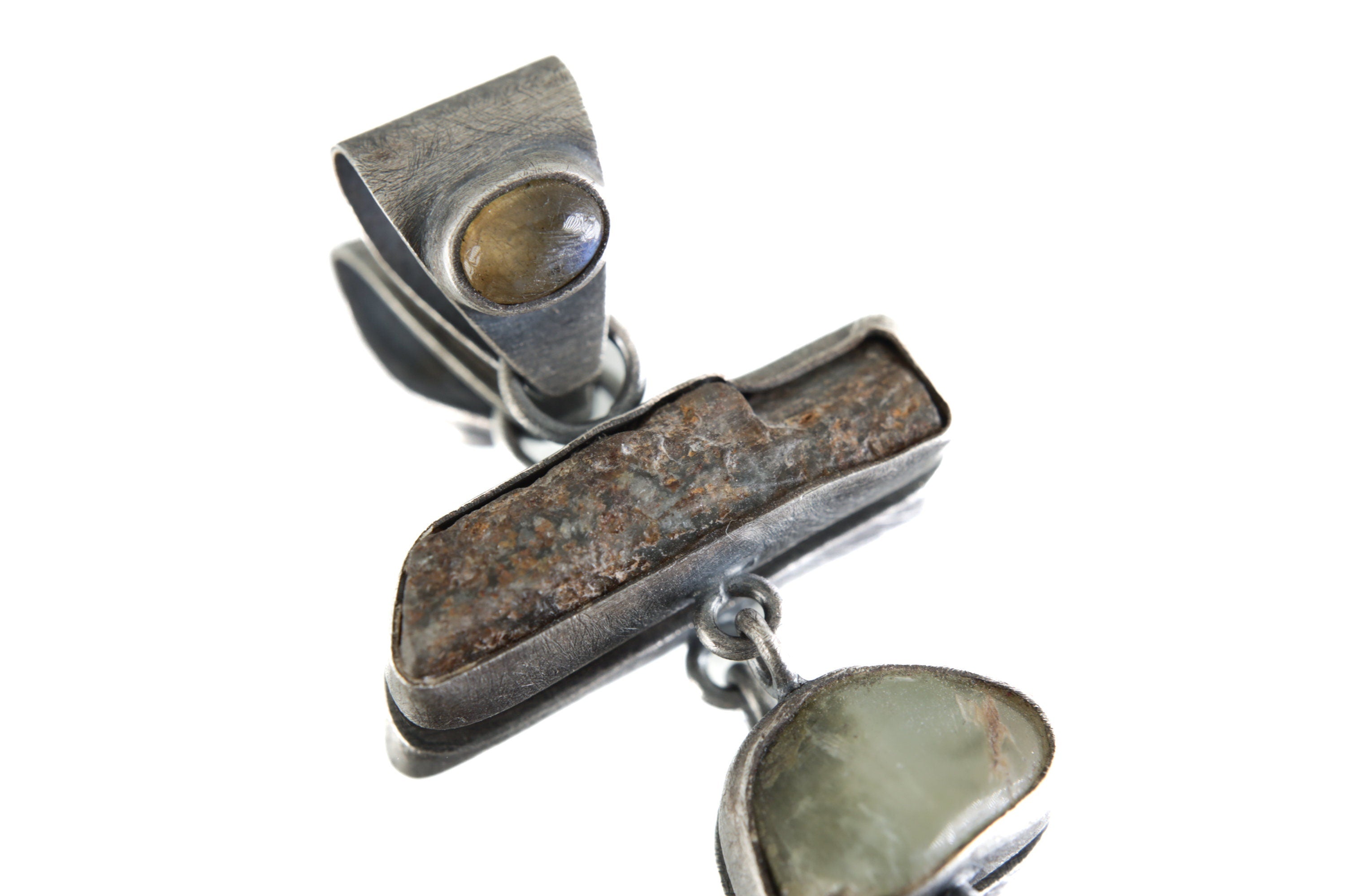 Oxidized Sterling Silver Pendant with Labradorite Bail, Aquamarine, Chrysocolla & Rhodochrosite, Brush Textured Dangle Crystal Charm,