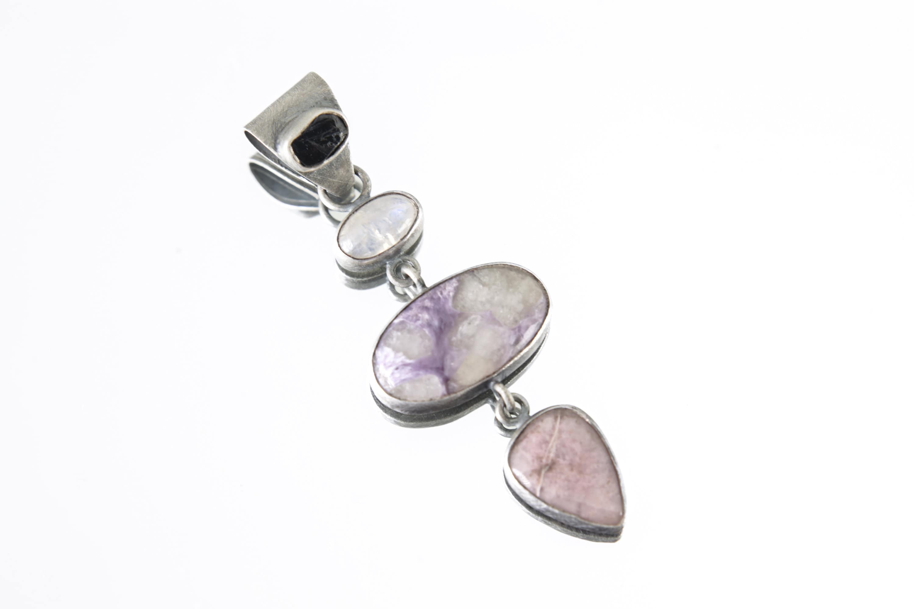 The Pendant of Elegance Trio: Sapphire, Moonstone, Charoite & Rhodochrosite - Sterling Silver Pendant - Oxidized and Brush Texture