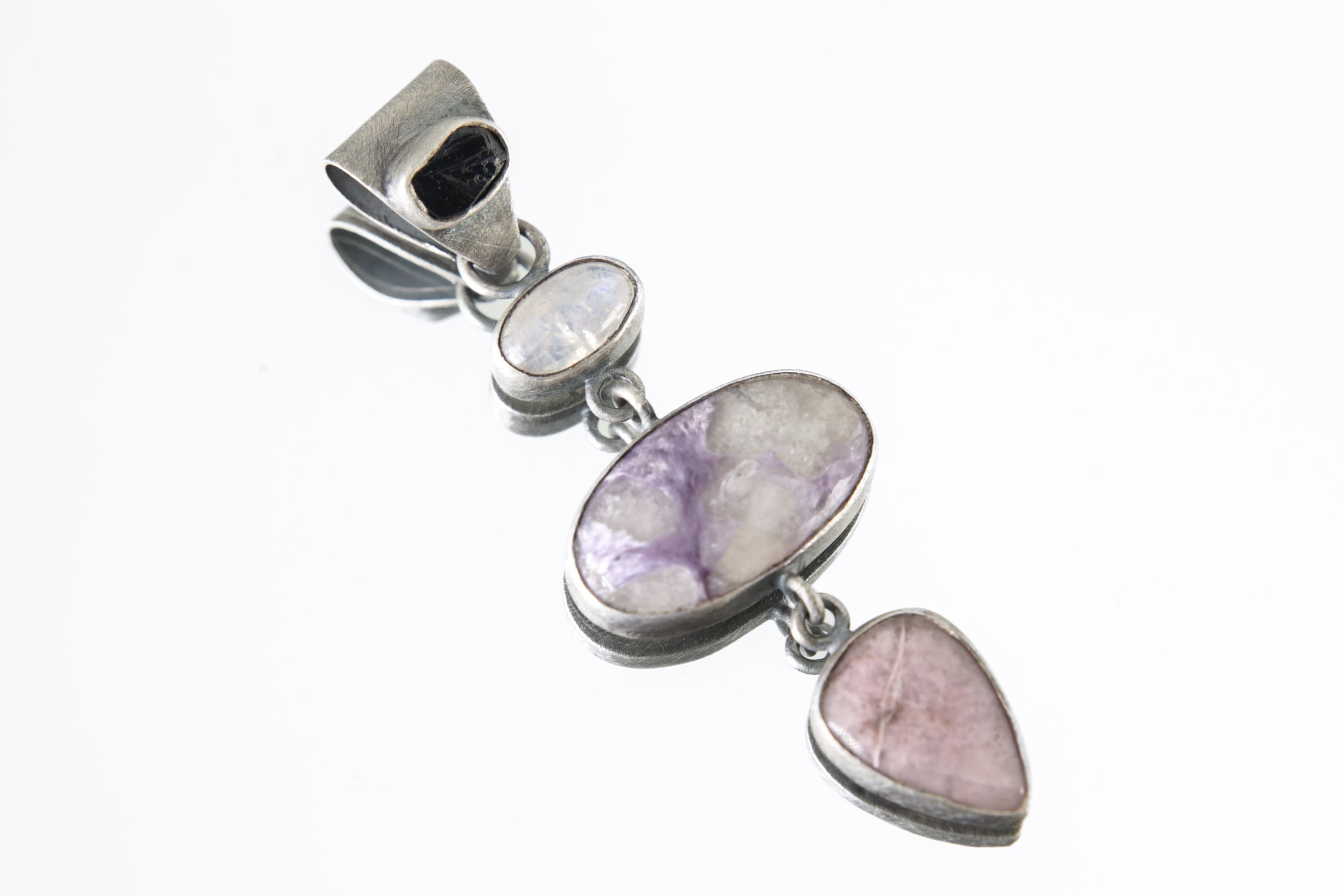 The Pendant of Elegance Trio: Sapphire, Moonstone, Charoite & Rhodochrosite - Sterling Silver Pendant - Oxidized and Brush Texture