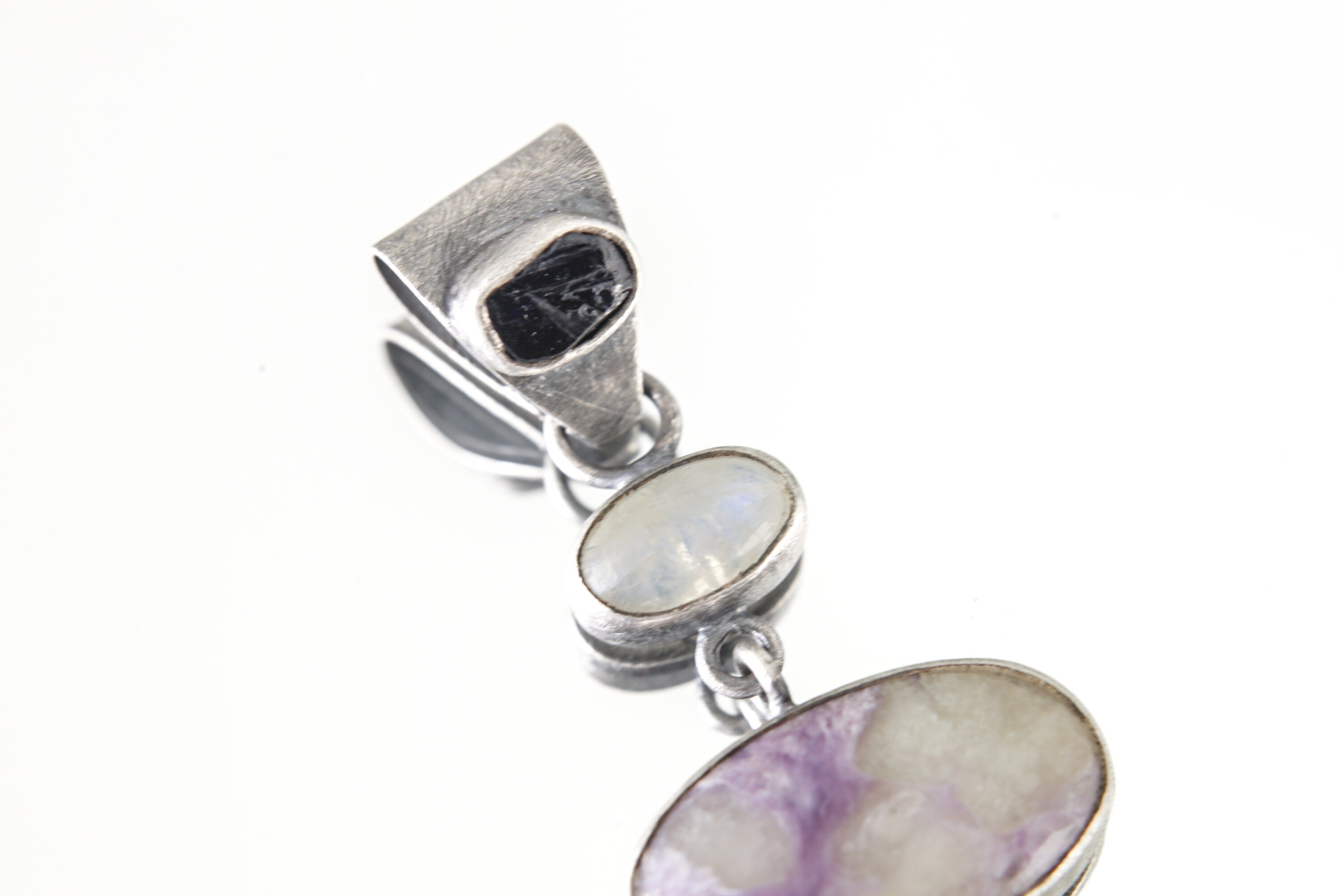 The Pendant of Elegance Trio: Sapphire, Moonstone, Charoite & Rhodochrosite - Sterling Silver Pendant - Oxidized and Brush Texture