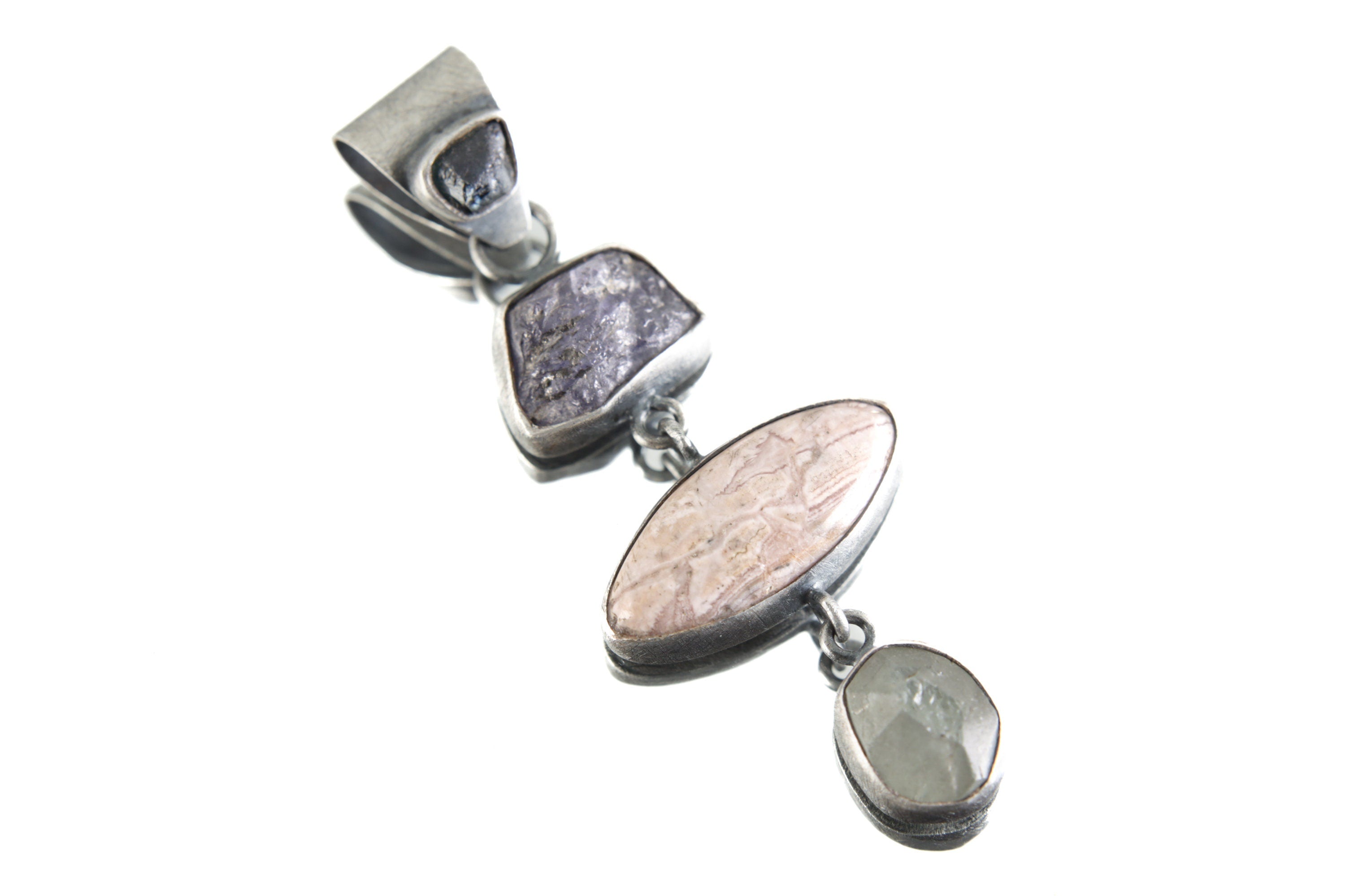 Tanzanite, Rhodochrosite, & Aquamarine Pendant, Oxidized, Brush-Textured Sterling Silver, Pisces and Aquarius Zodiac, Unique Gift