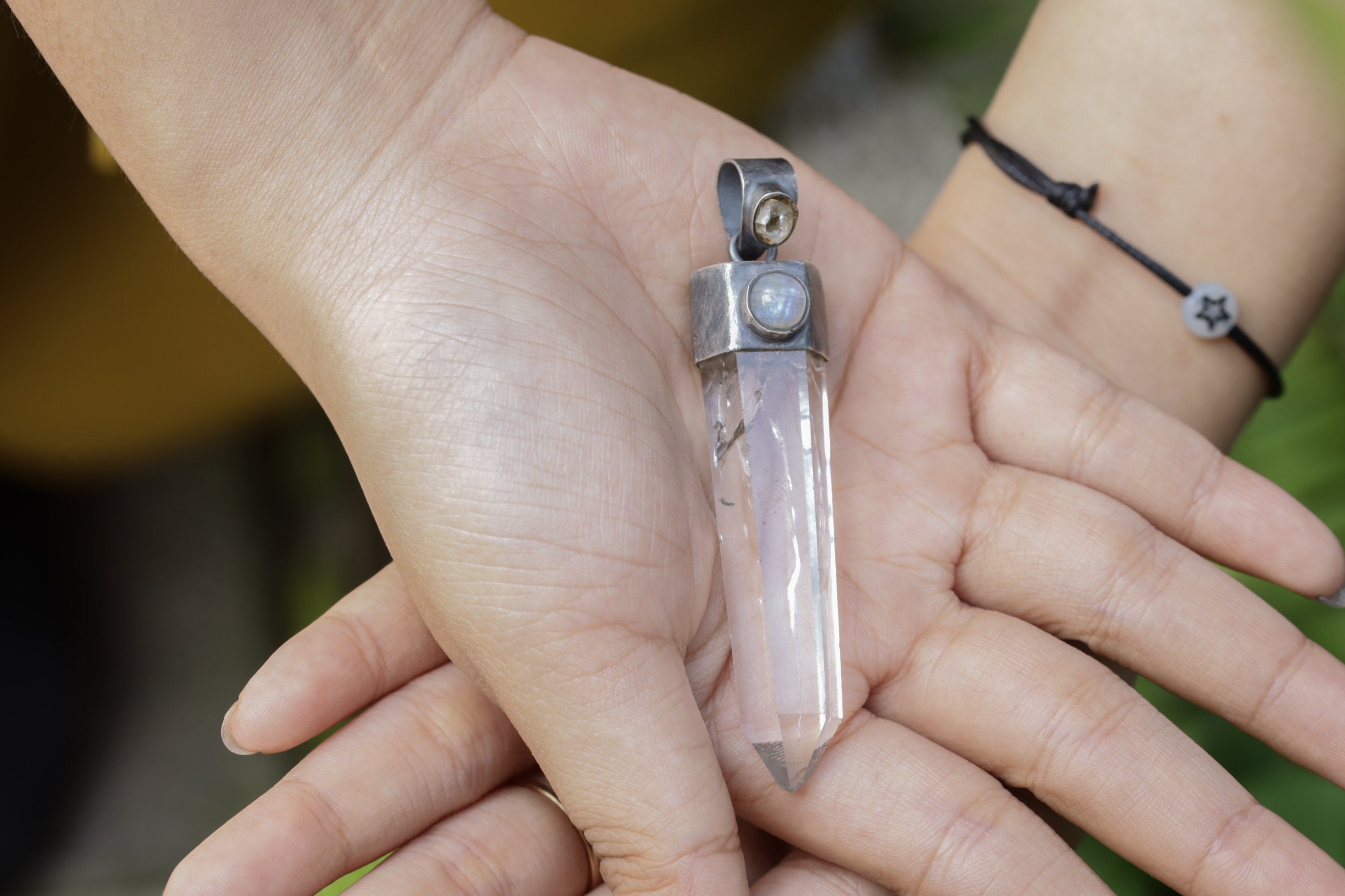 Clear Laser Quartz Generator Point Pendant with Herkimer Diamond Bail and Blue Moonstone Cap Oxidized Brush Textured Sterling Silver Charm