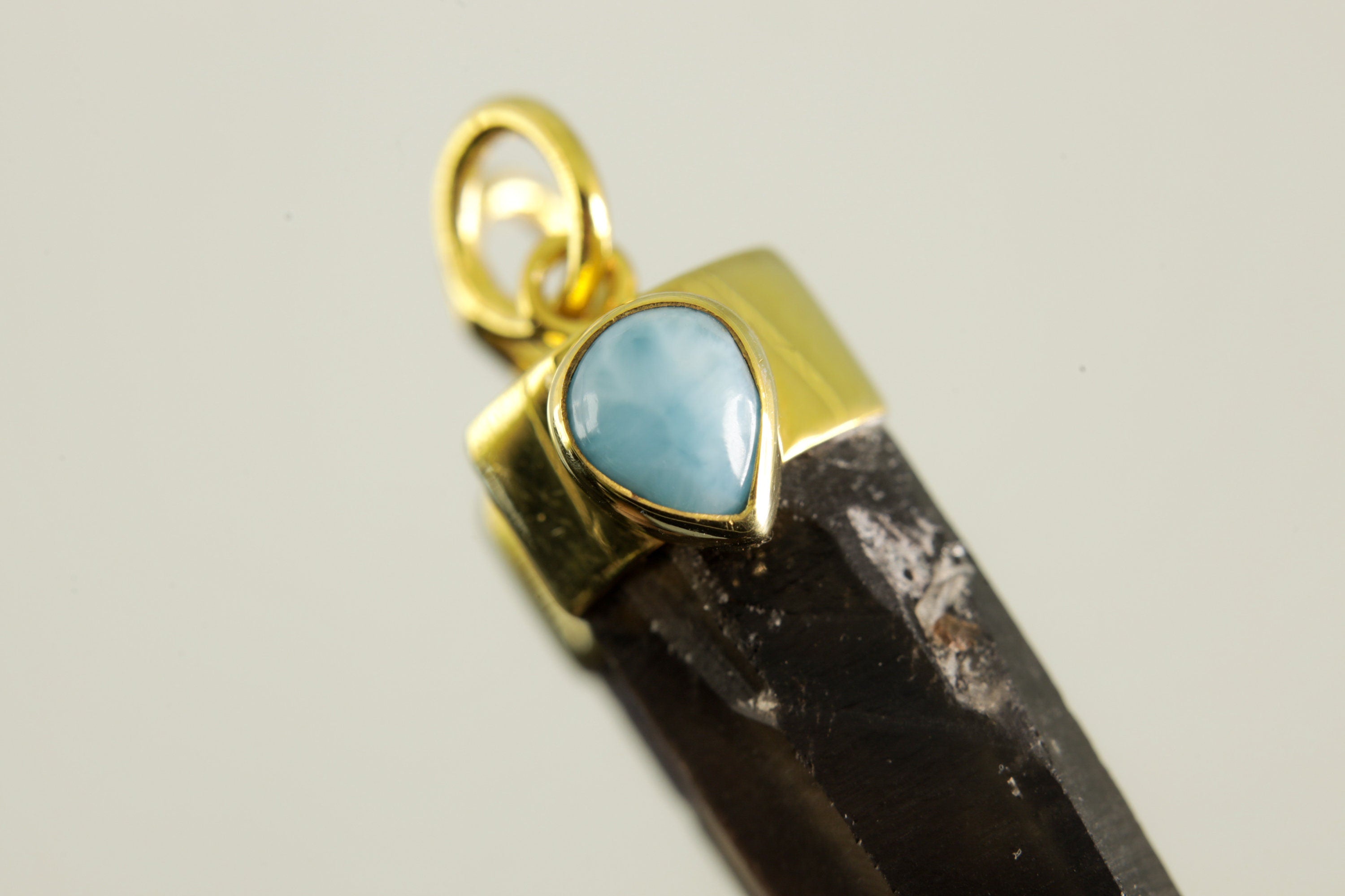 Australian Smoky Phantom Quartz Point and Teardrop Larimar Pendant, Gold-Plated Sterling Silver, Captures the Essence of the Ocean