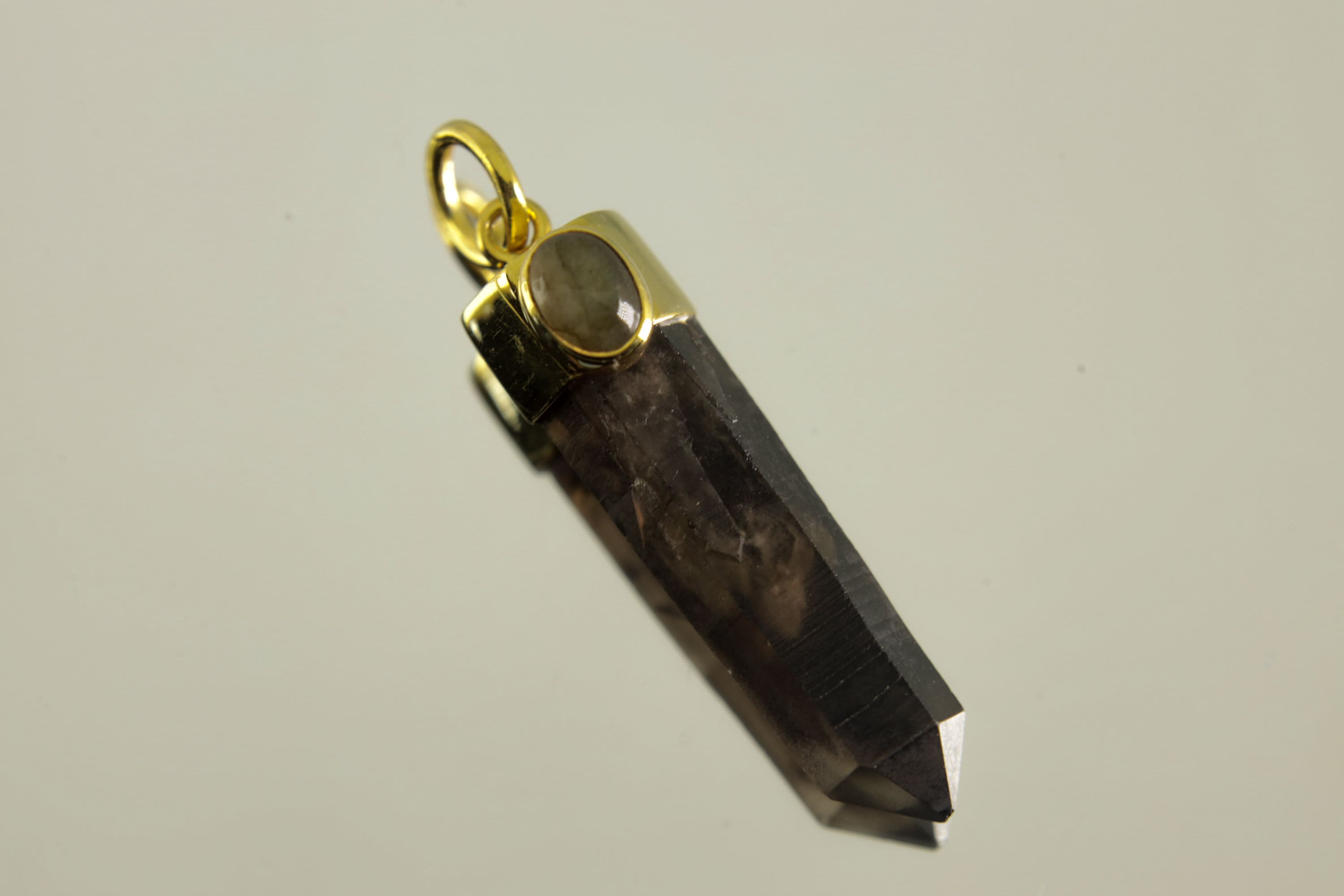 Australian Smoky Phantom Quartz Point Pendant Adorned with Oval Rainbow Labradorite in Gold-Plated Sterling Silver, Luxurious Accessory