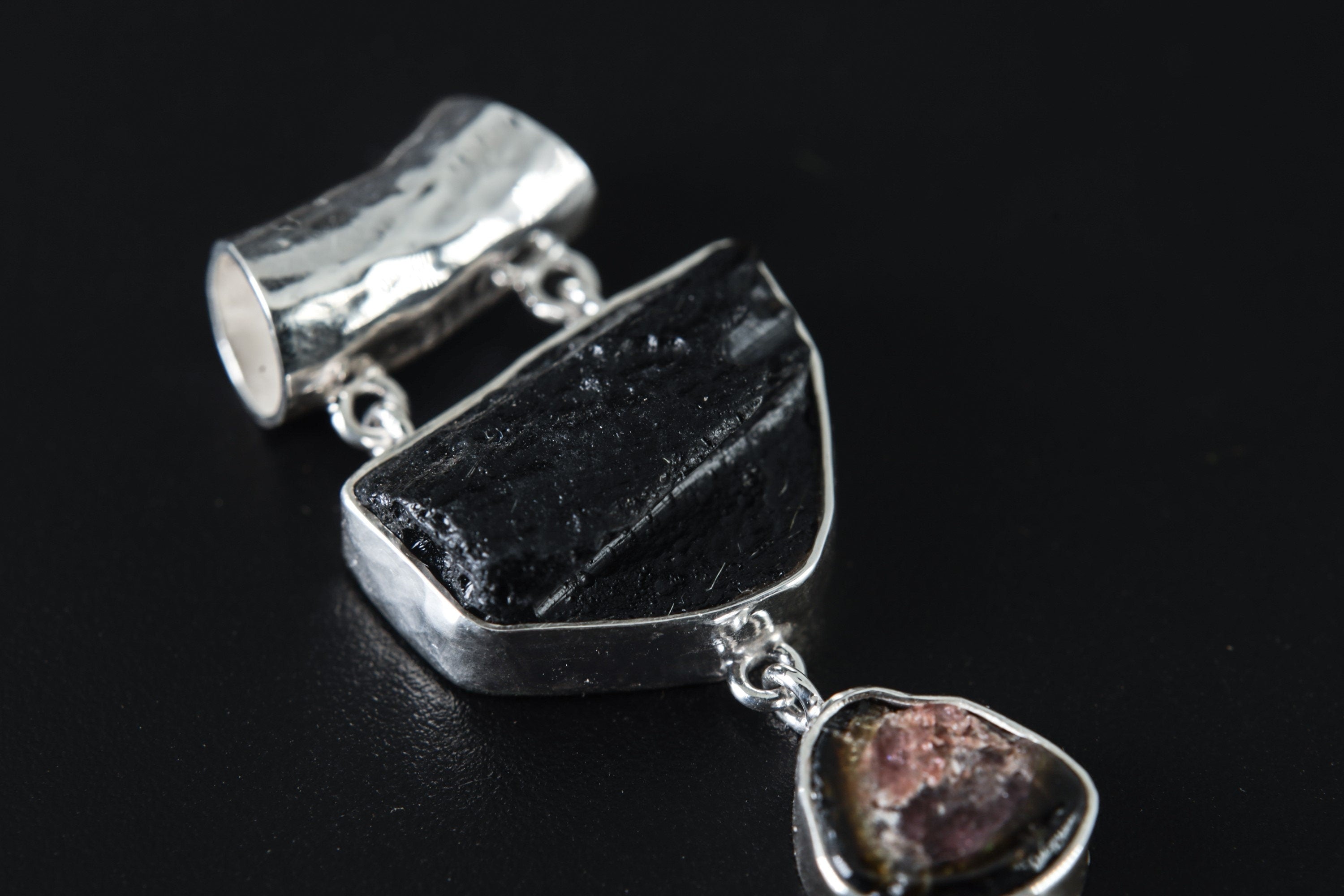 Unique Dangling Sterling Silver Pendant: Mount Darwin Tektite, Watermelon Tourmaline, Cubic Pyrite, Shiny Buffed Hammered Texture