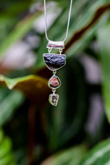 Unique Dangling Sterling Silver Pendant: Mount Darwin Tektite, Watermelon Tourmaline, Cubic Pyrite, Shiny Buffed Hammered Texture