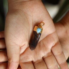 Australian Smoky Phantom Quartz Point and Teardrop Larimar Pendant, Gold-Plated Sterling Silver, Captures the Essence of the Ocean