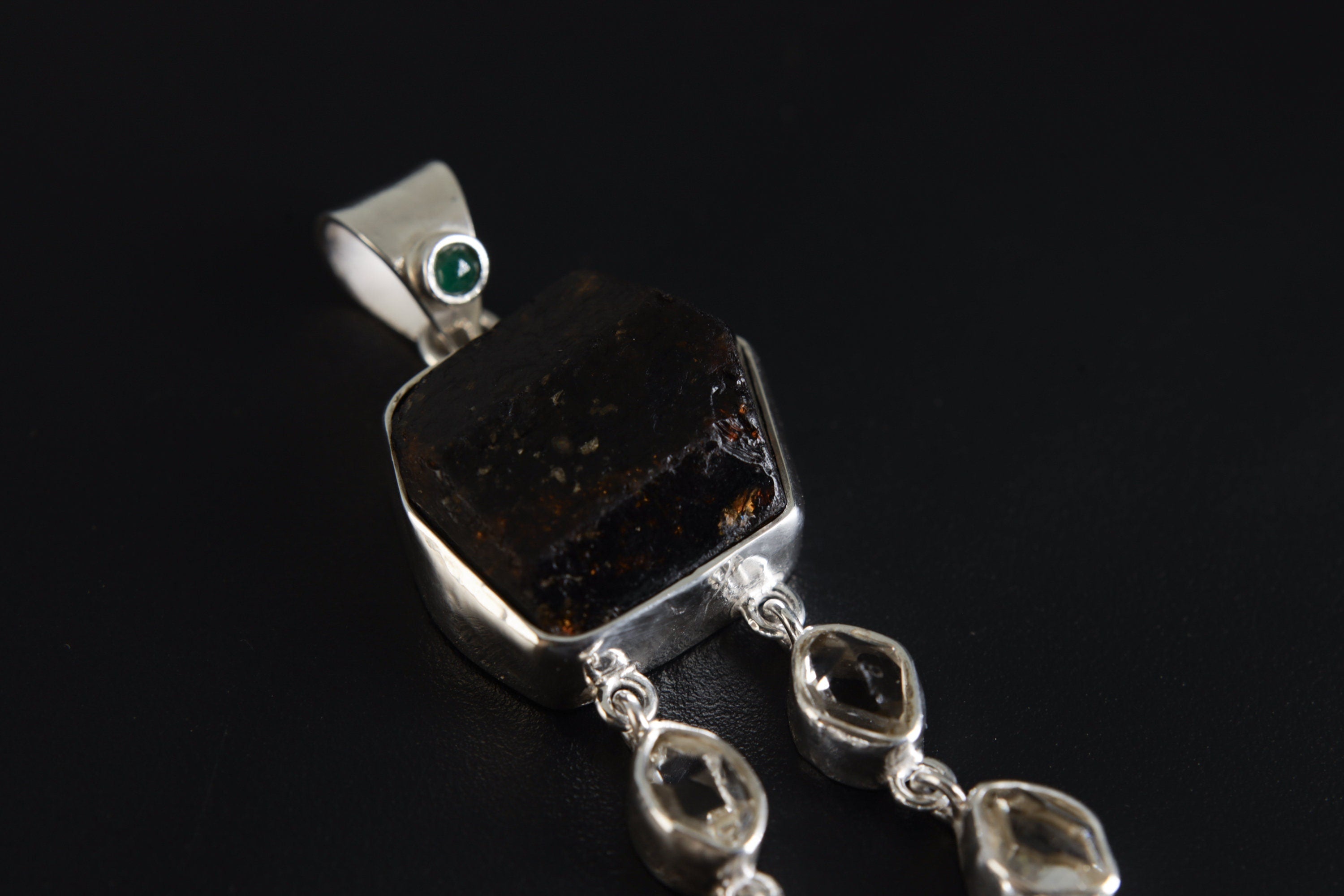 Emerald Dravit Brown Tourmaline,Herkimer Diamond,Aquamarine,Tiger Eye- Silver Pendant - Hammered Textured & High Polish